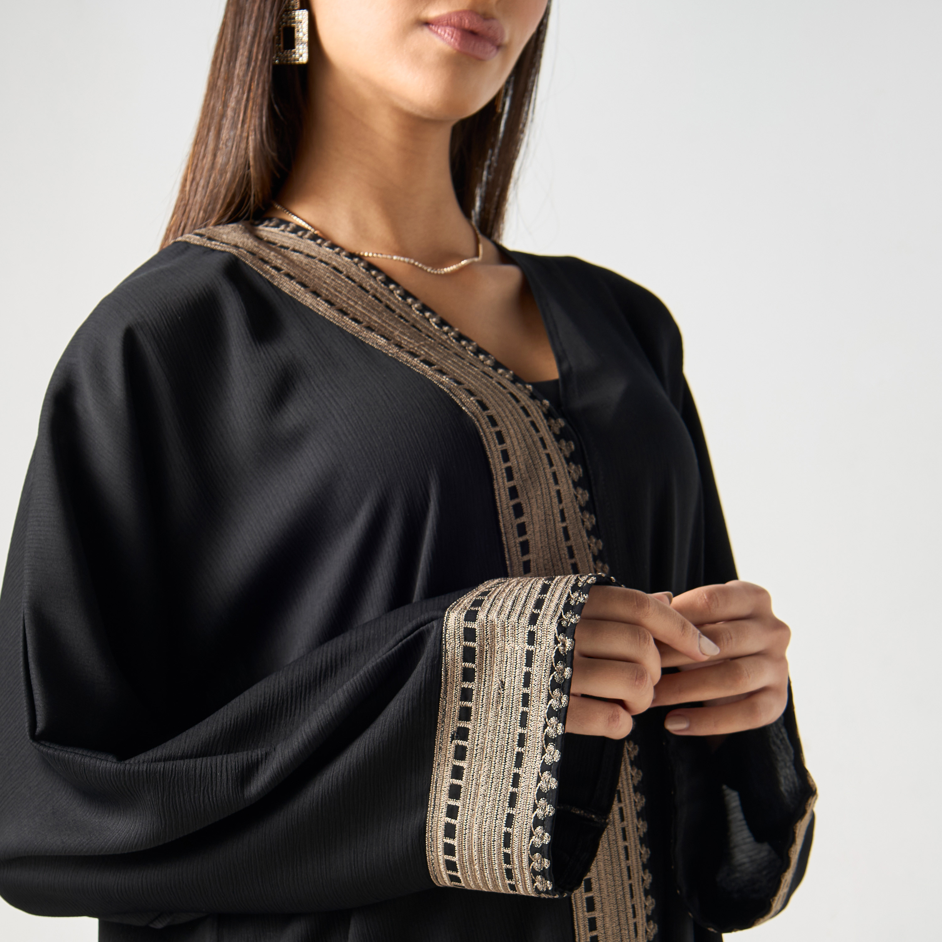 Embroidered V-neck Abaya with Hijab-women-arabicclothing-abayas-image-3