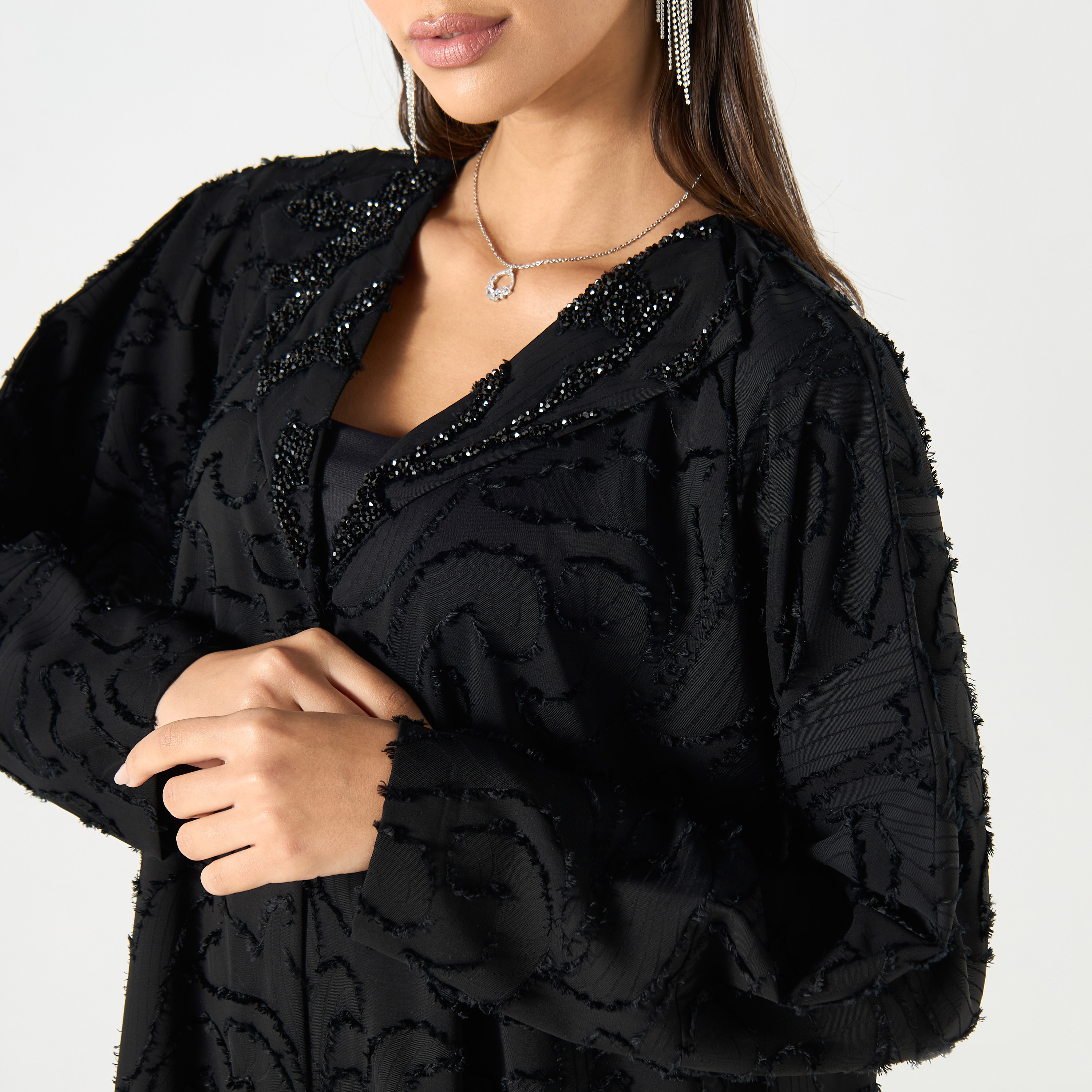 Embellished Lapel Detail Abaya with Hijab-women-arabicclothing-abayas-image-3