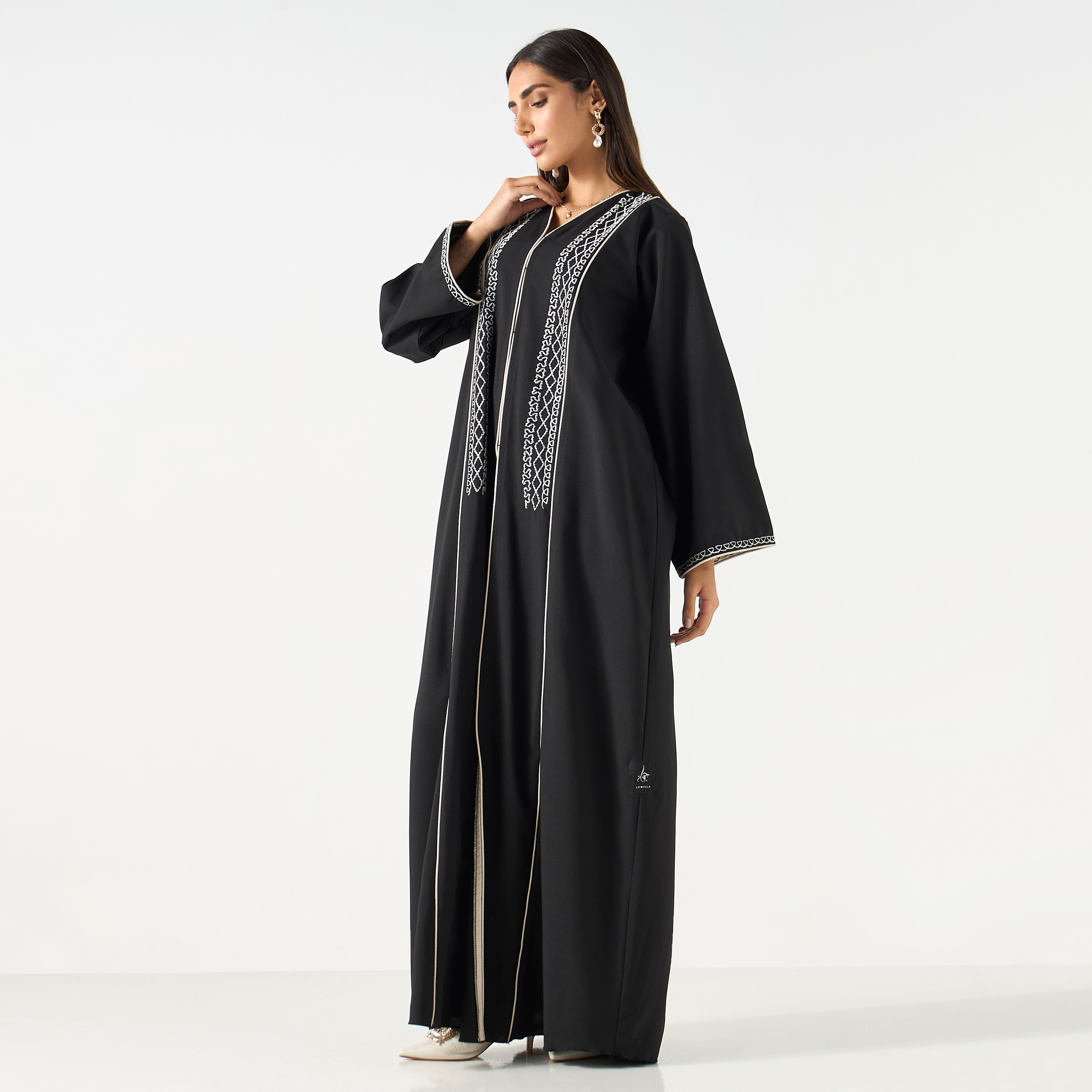 Embroidered V-neck Abaya with Hijab-women-arabicclothing-abayas-image-1
