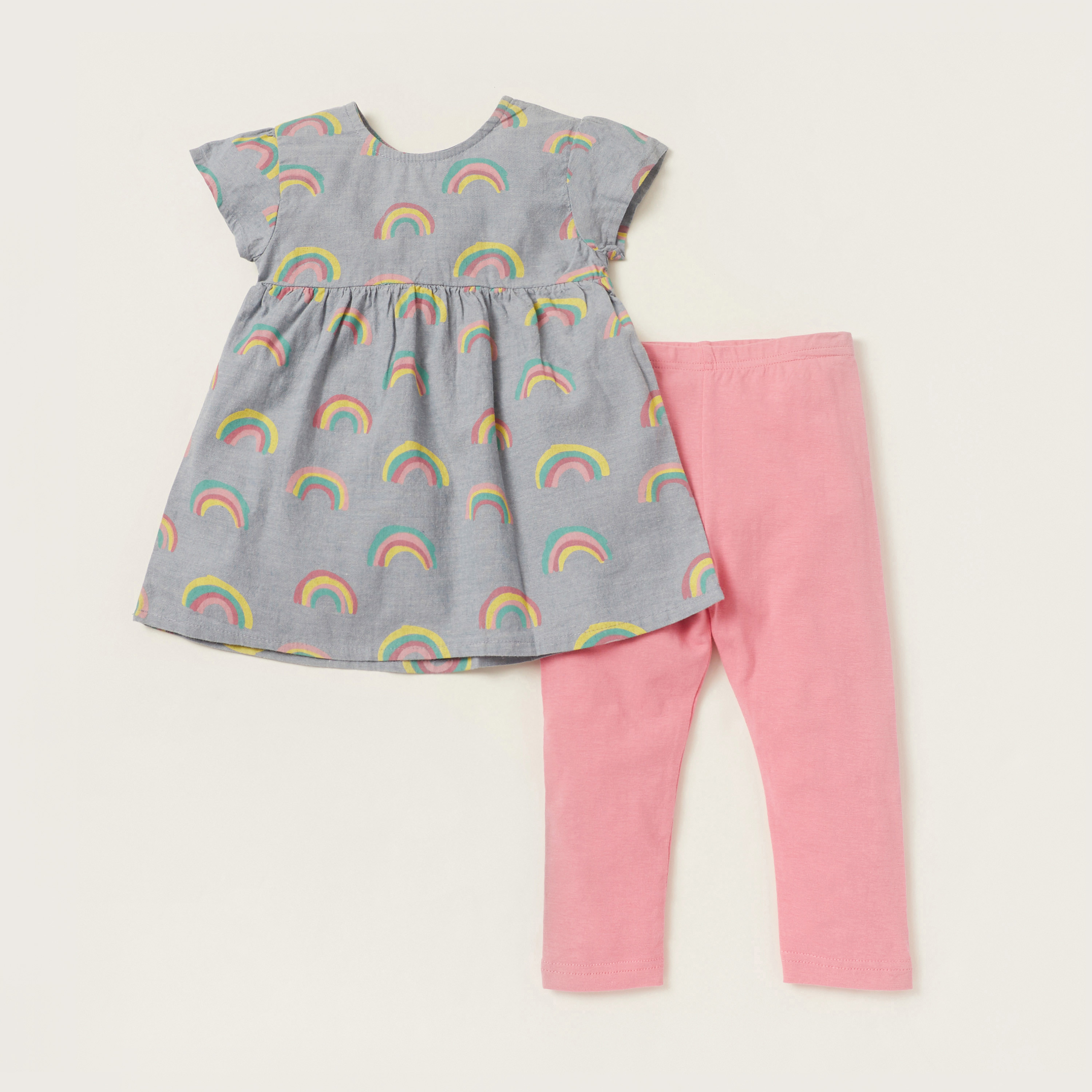 Rainbow Print Round Neck Peplum Top and Leggings Set-baby-girls-clothing-nightwear-pyjamasets-image-1