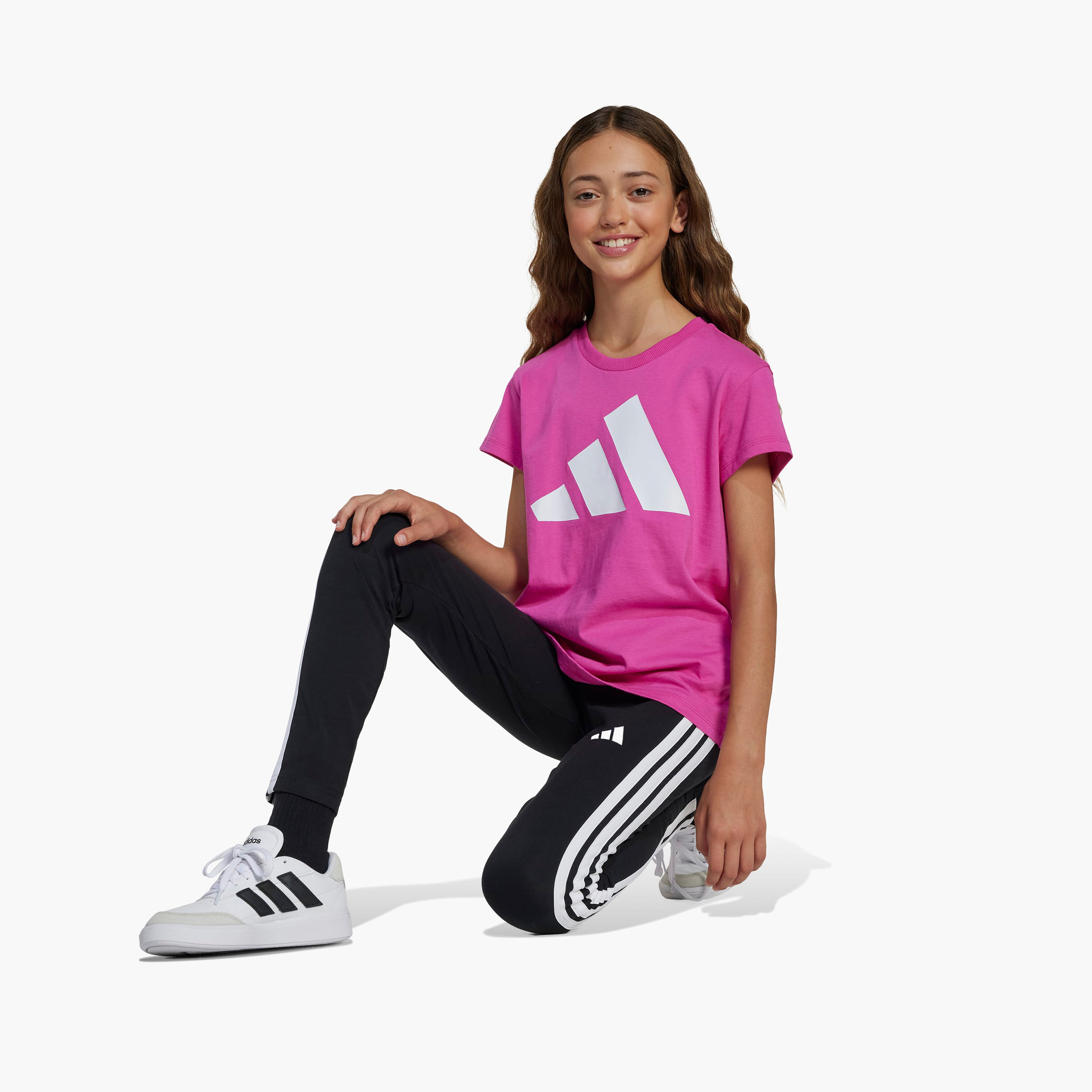 adidas Girls Leggings with Tape Detail -  Elastic Waist-girls-clothing-sportswear-bottoms-leggings-image-3