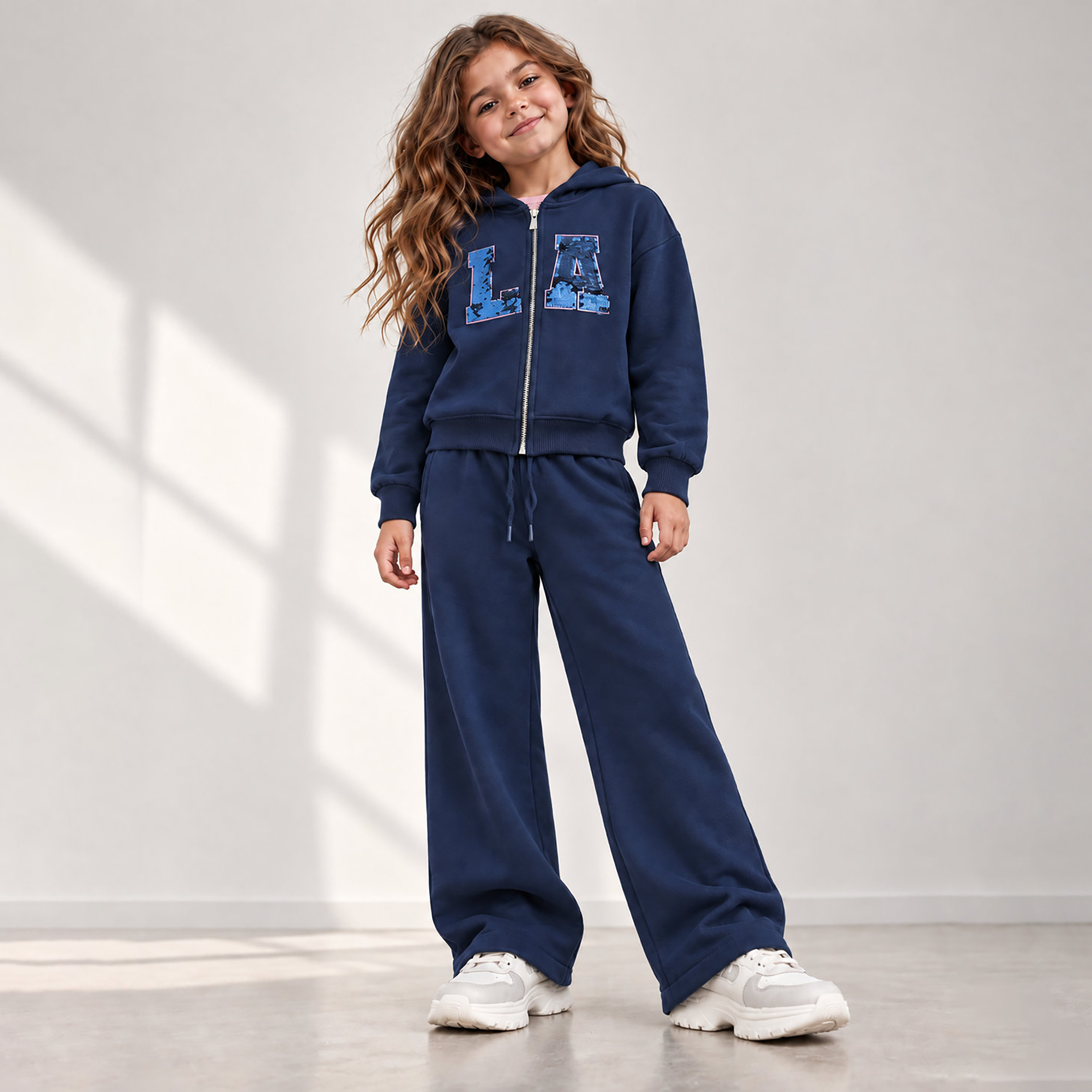 طقم هودي بسحاب وأكمام طويلة مطرز مع بنطلون واسع الساق من فيكتور آند جين-girls-clothing-setsandcoords-image-1