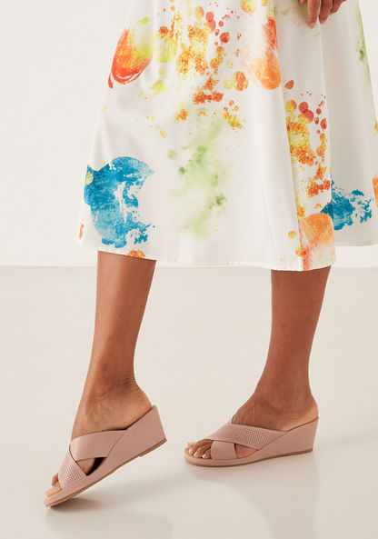 Le Confort Perforated Cross Strap Slide Sandals with Wedge Heels-Women%27s Heel Sandals-image-1