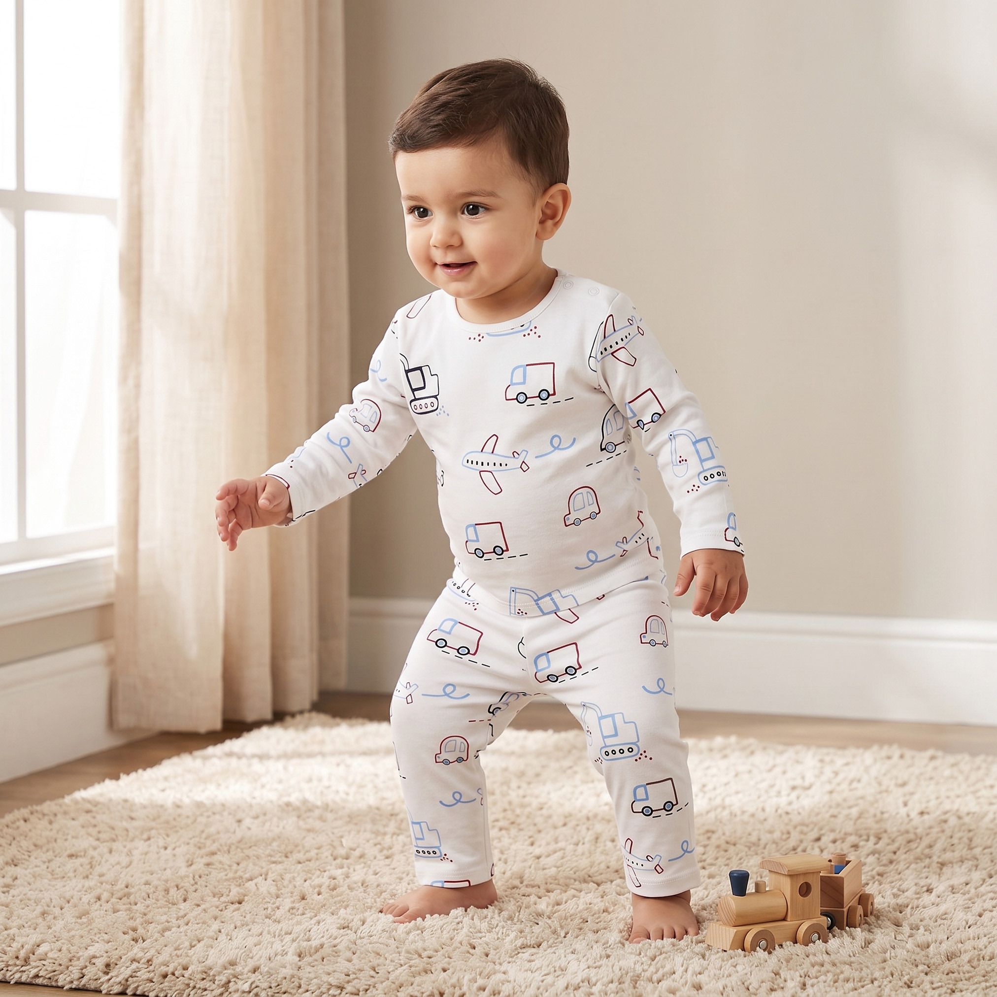 طقم بيجاما قطني بياقة مستديرة وأكمام طويلة بطبعة سيارات من جونيورز-baby-boys-clothing-nightwear-pyjamasets-image-1
