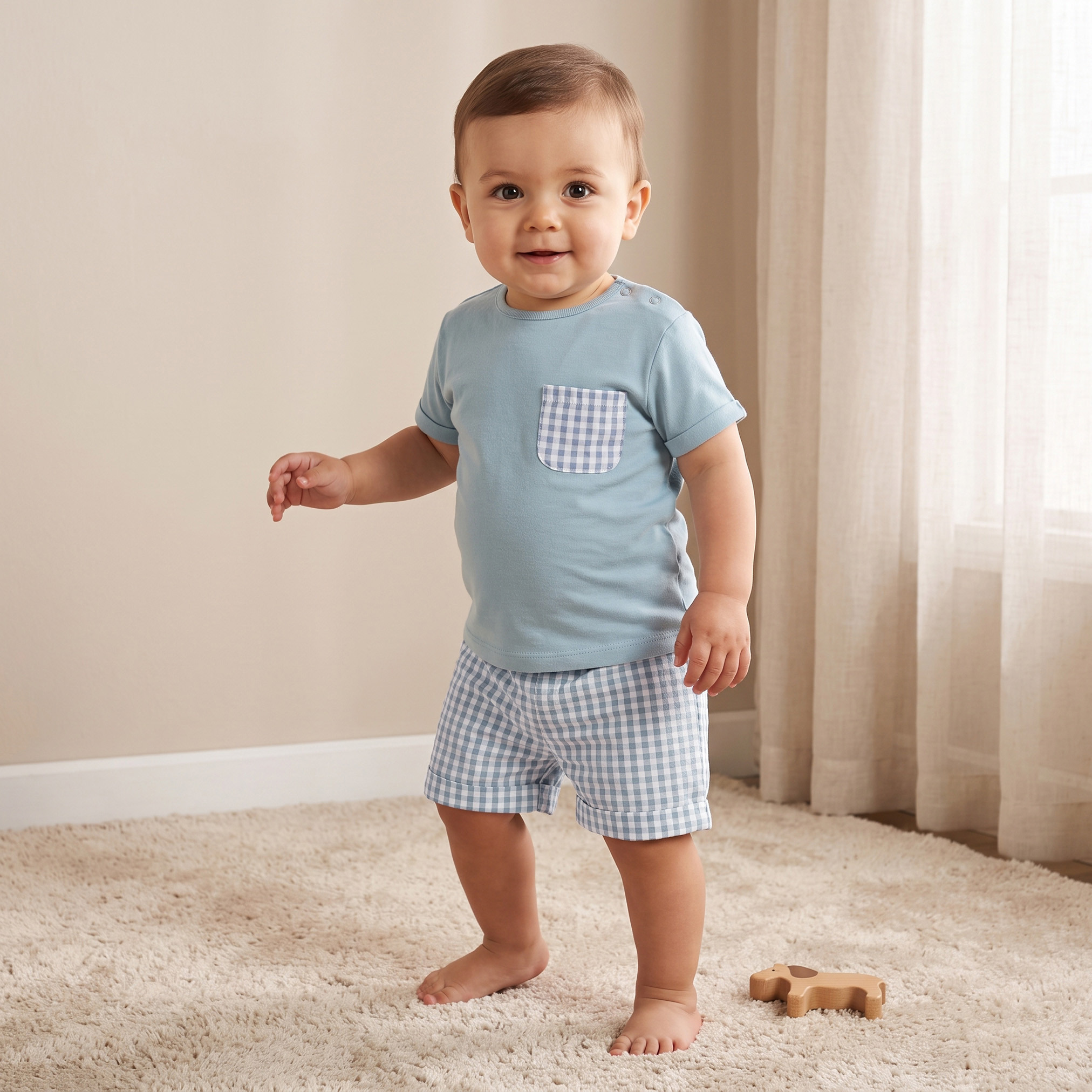 طقم شورت وتيشيرت قطن بأكمام قصيرة ورقبة ضيقة وتصميم كاروهات من جونيورز-baby-boys-clothing-nightwear-pyjamasets-image-1