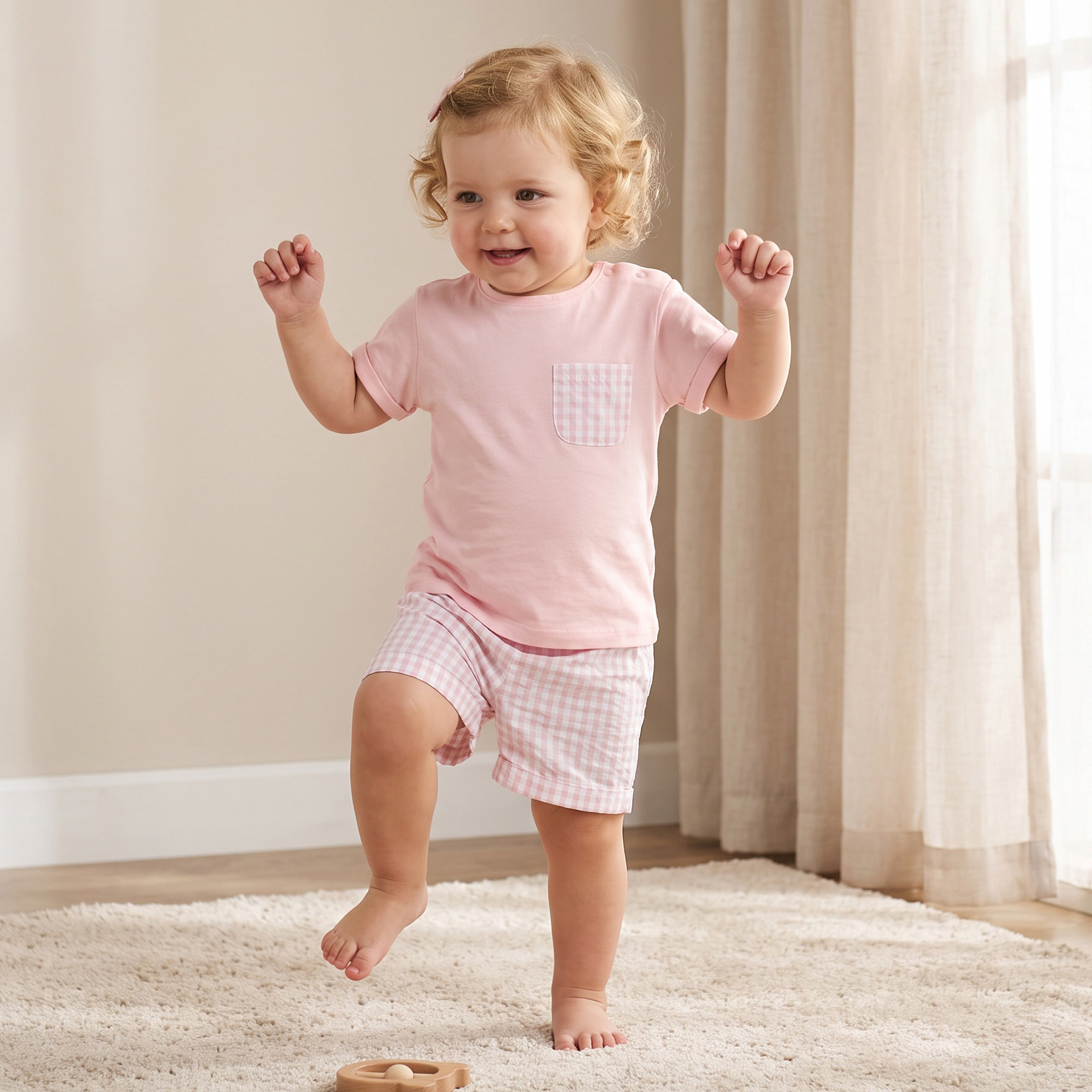طقم شورت كاروهات وتيشيرت قطن بياقة ضيقة وأكمام قصيرة من جونيورز-baby-girls-clothing-nightwear-pyjamasets-image-1