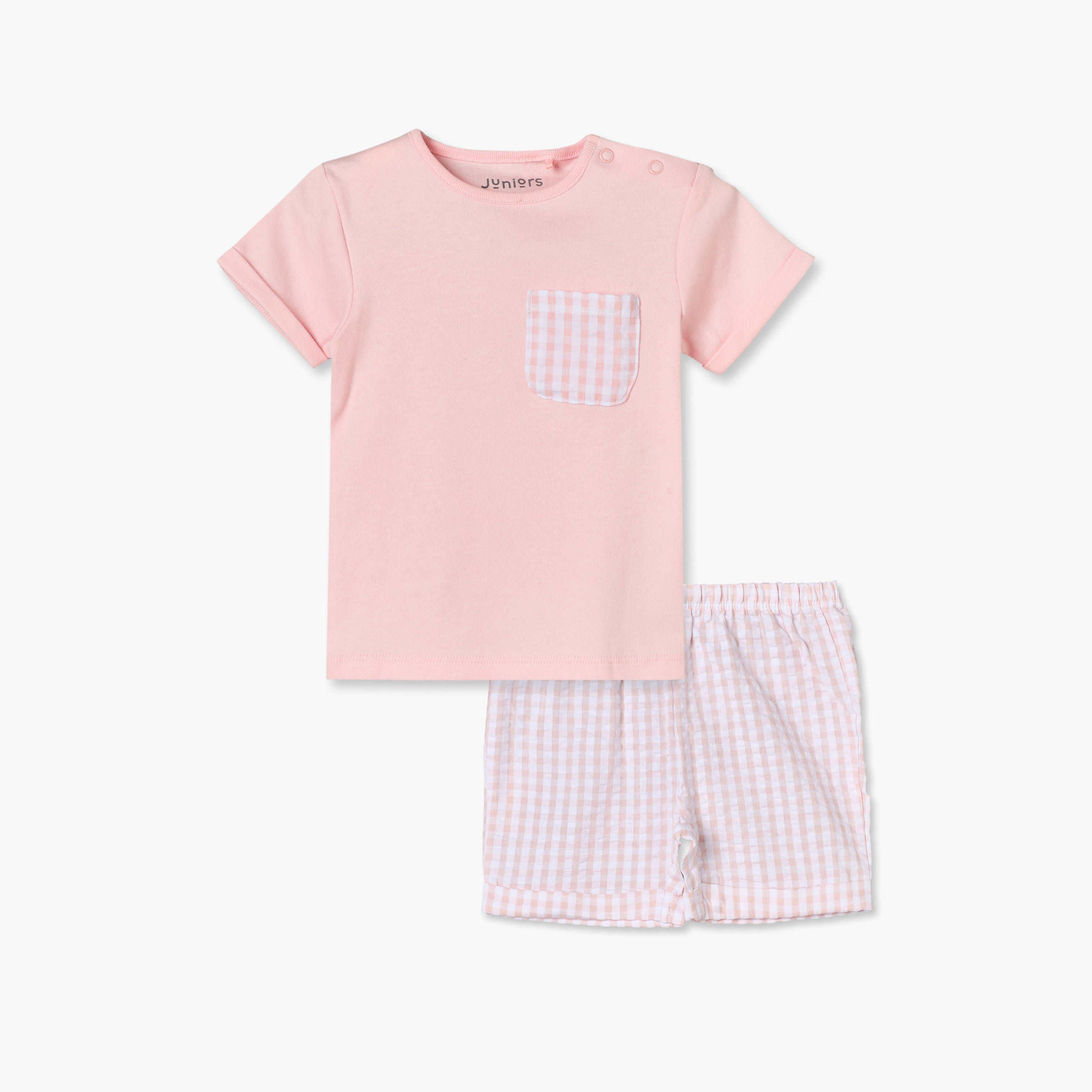 طقم شورت كاروهات وتيشيرت قطن بياقة ضيقة وأكمام قصيرة من جونيورز-baby-girls-clothing-nightwear-pyjamasets-image-2