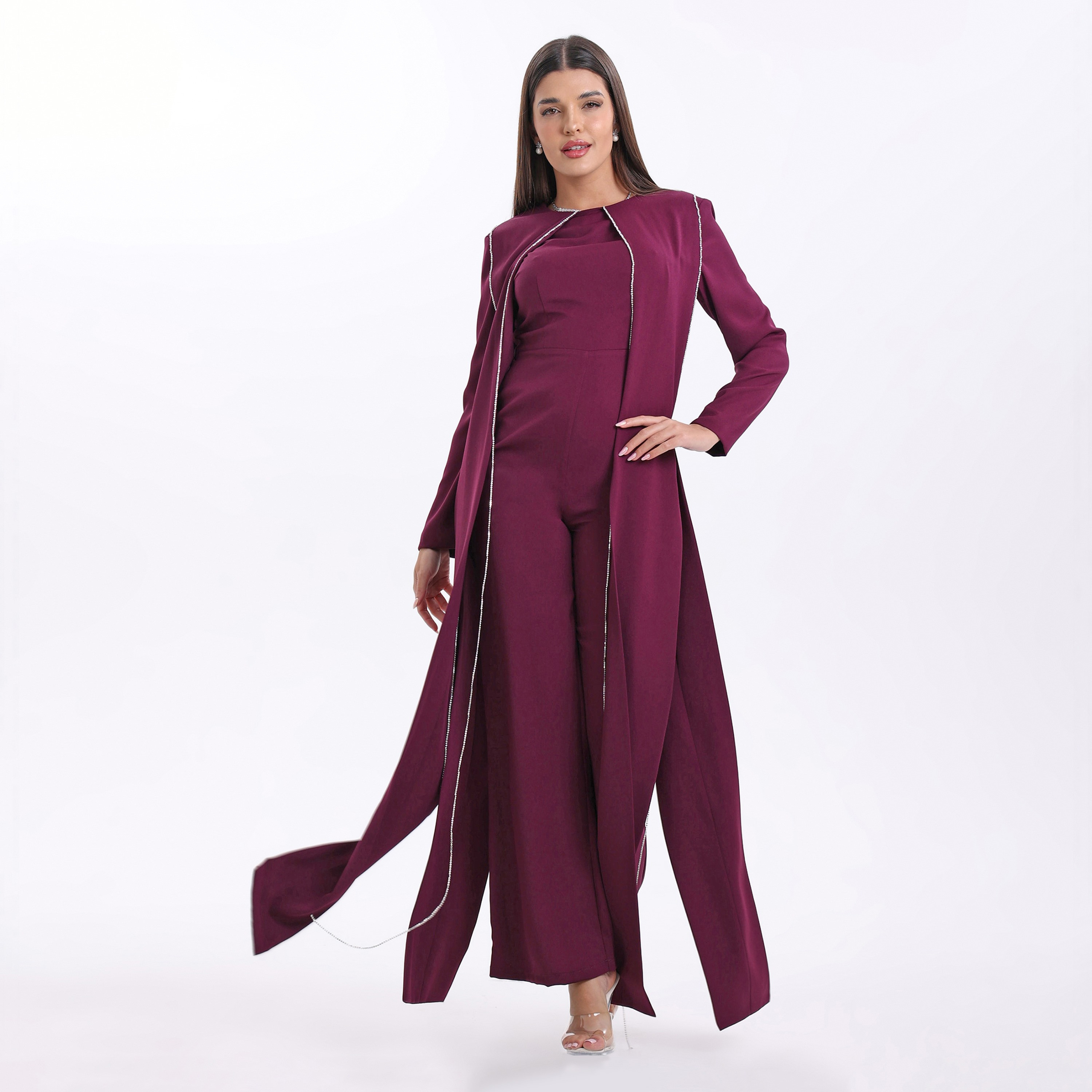 جمبسوت نسائي من أكاديا بتصميم رقبة دائرية وتفاصيل هامشية من الكريب للسهرات-women-clothing-jumpsuits-image-1