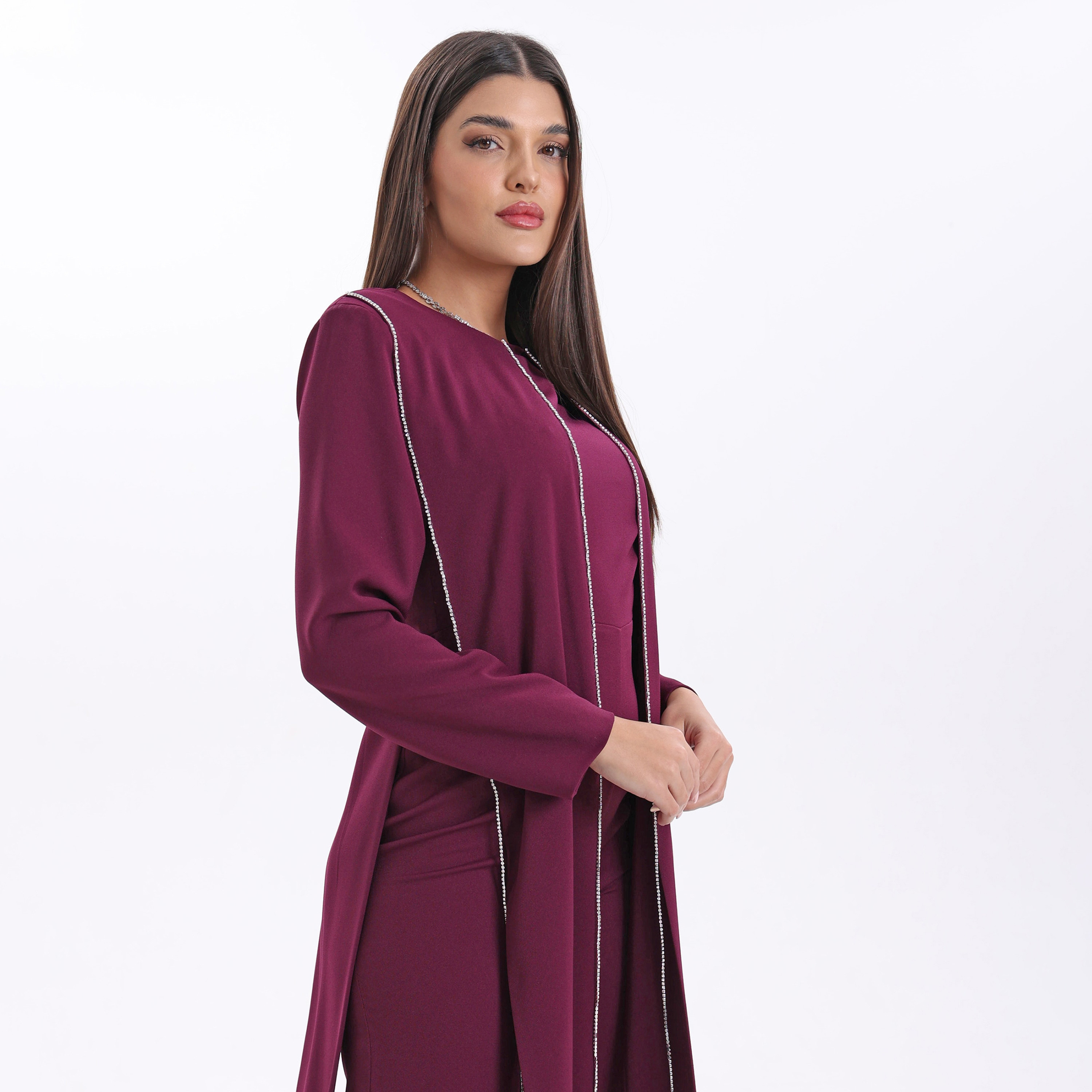 جمبسوت نسائي من أكاديا بتصميم رقبة دائرية وتفاصيل هامشية من الكريب للسهرات-women-clothing-jumpsuits-image-4
