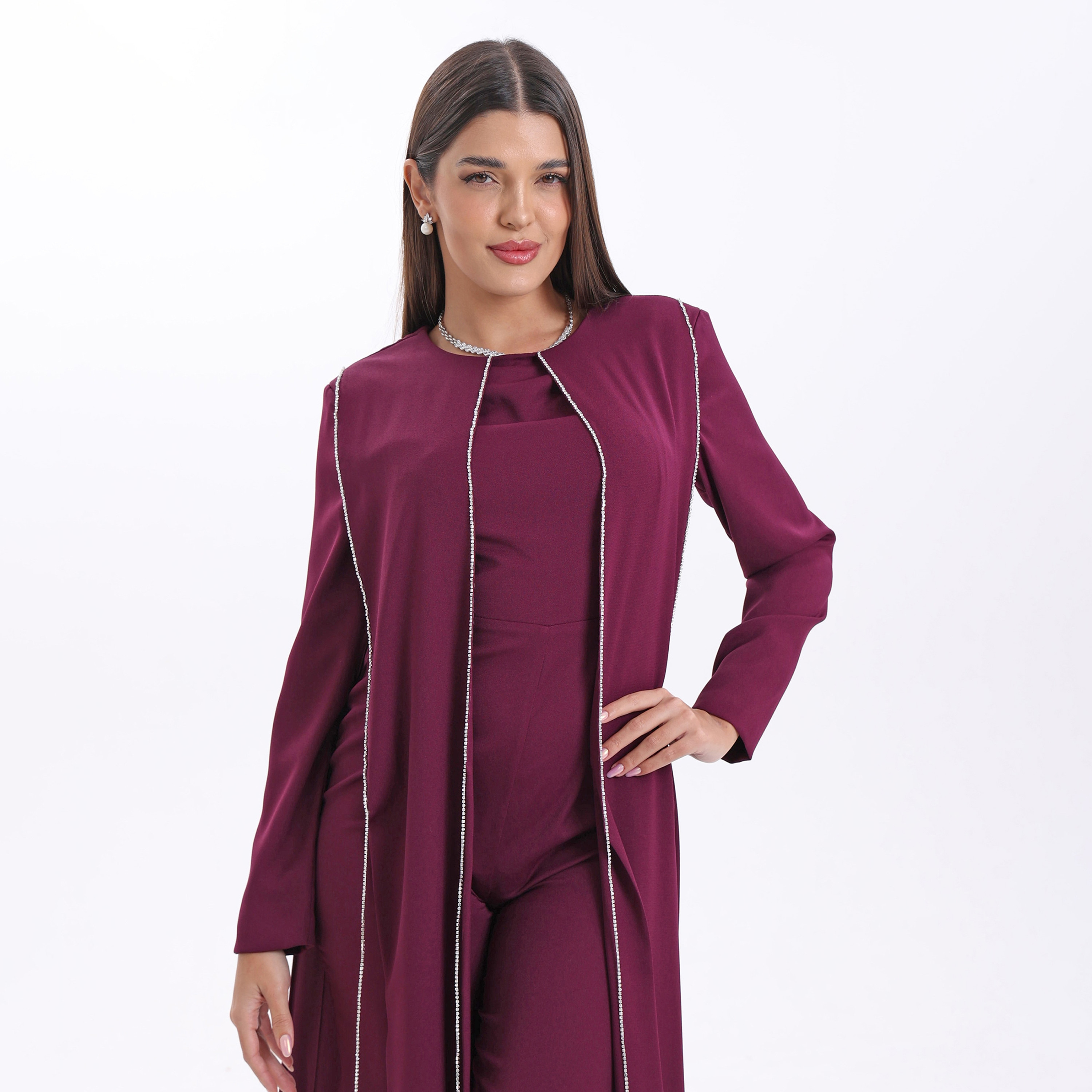 جمبسوت نسائي من أكاديا بتصميم رقبة دائرية وتفاصيل هامشية من الكريب للسهرات-women-clothing-jumpsuits-image-5