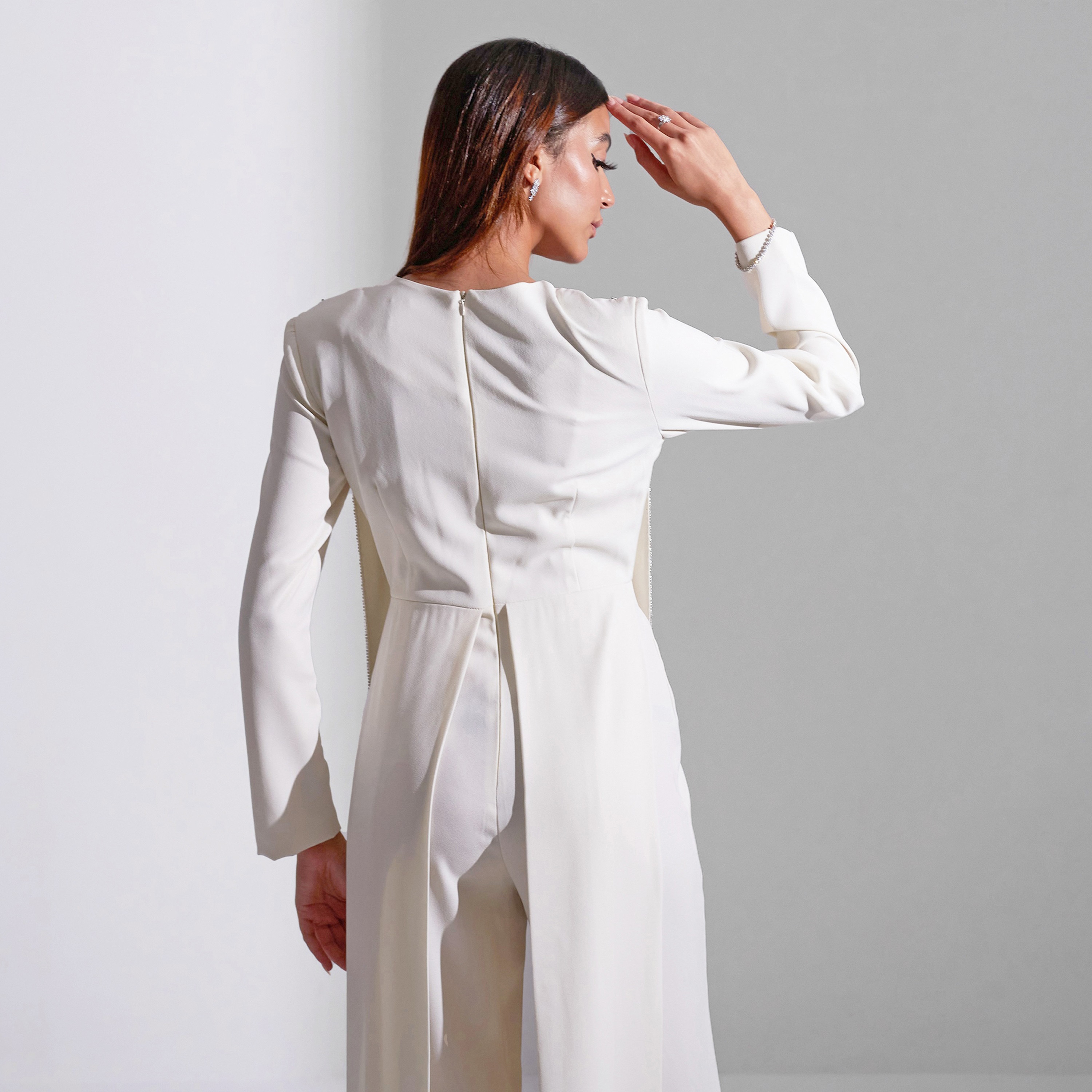 Akadia Round Neck Fringe Detail Crepe Evening Women's Jumpsuit-women-clothing-jumpsuits-image-5