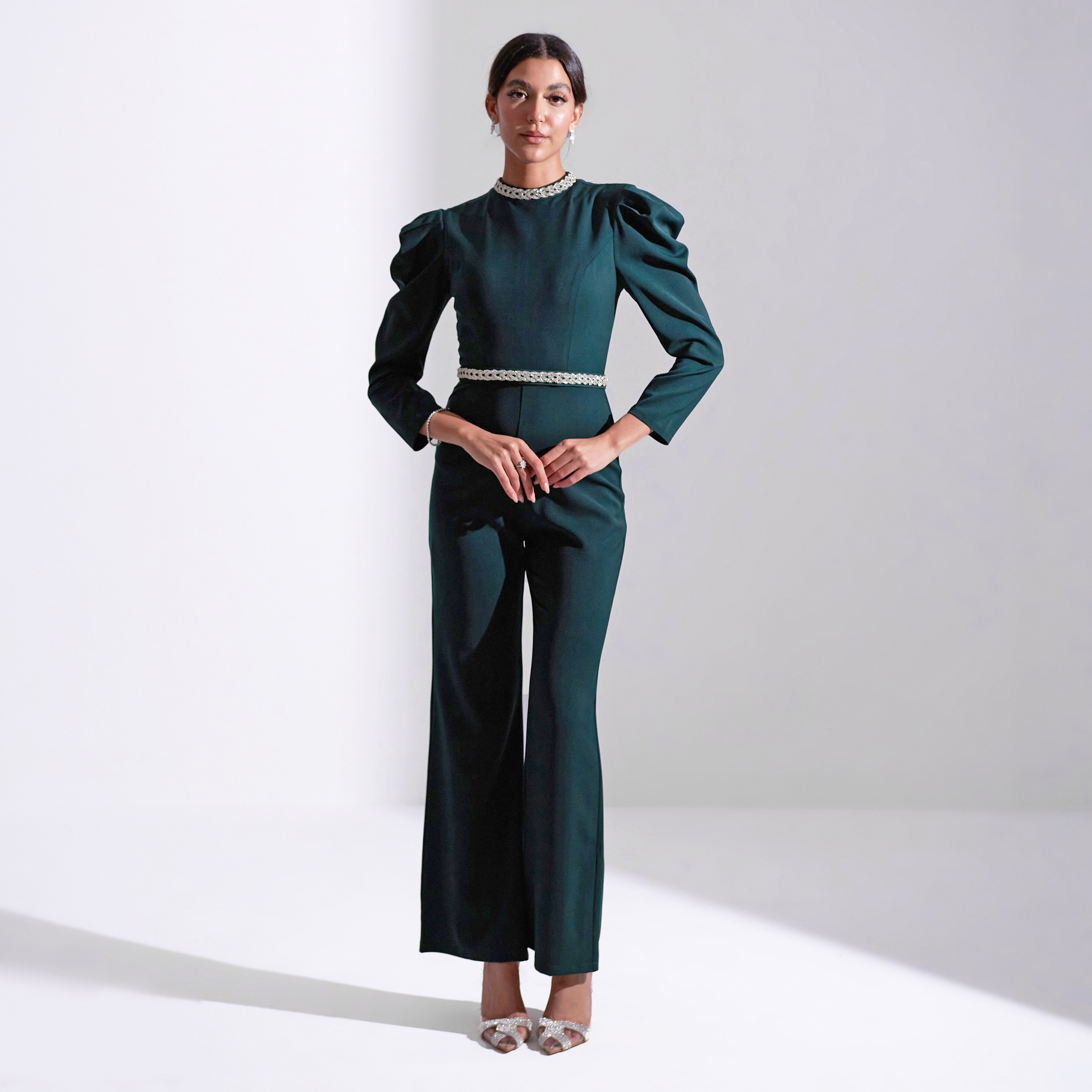 Akadia Embellished Neck Crepe Evening Women's Jumpsuit-women-clothing-jumpsuits-image-1