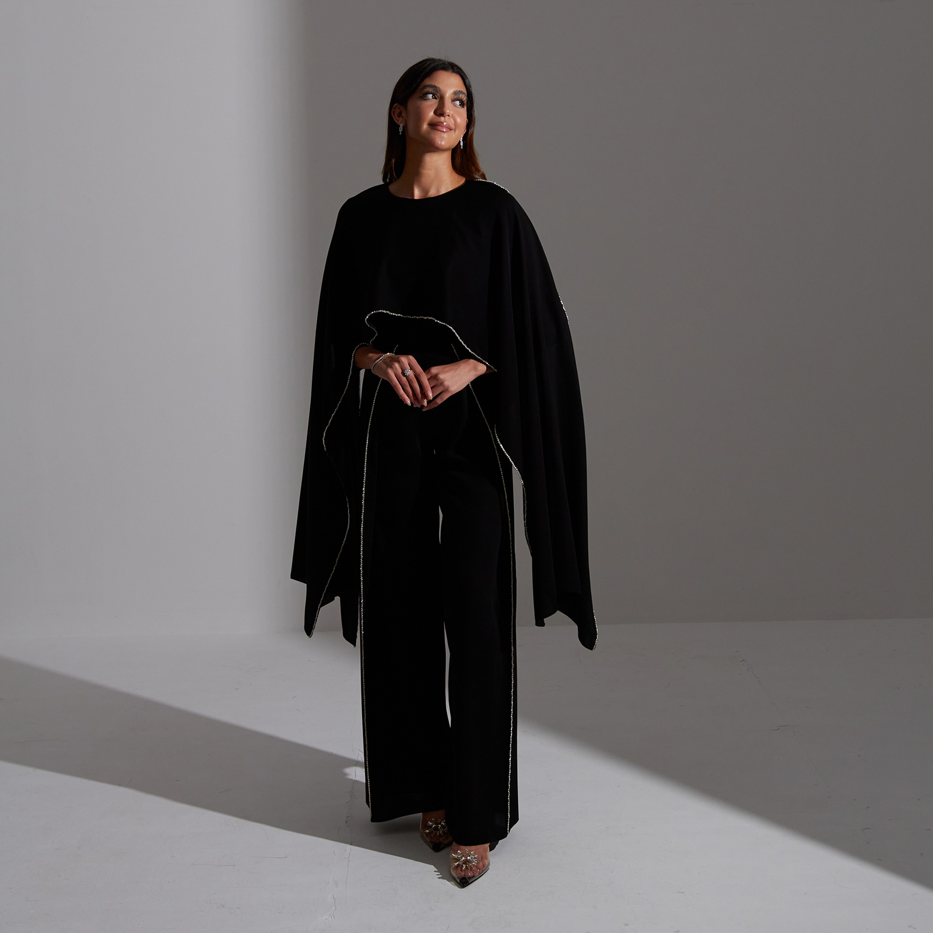Akadia Stone Detailed Crepe Float Cape Overlay Women's Jumpsuit-women-clothing-jumpsuits-image-11
