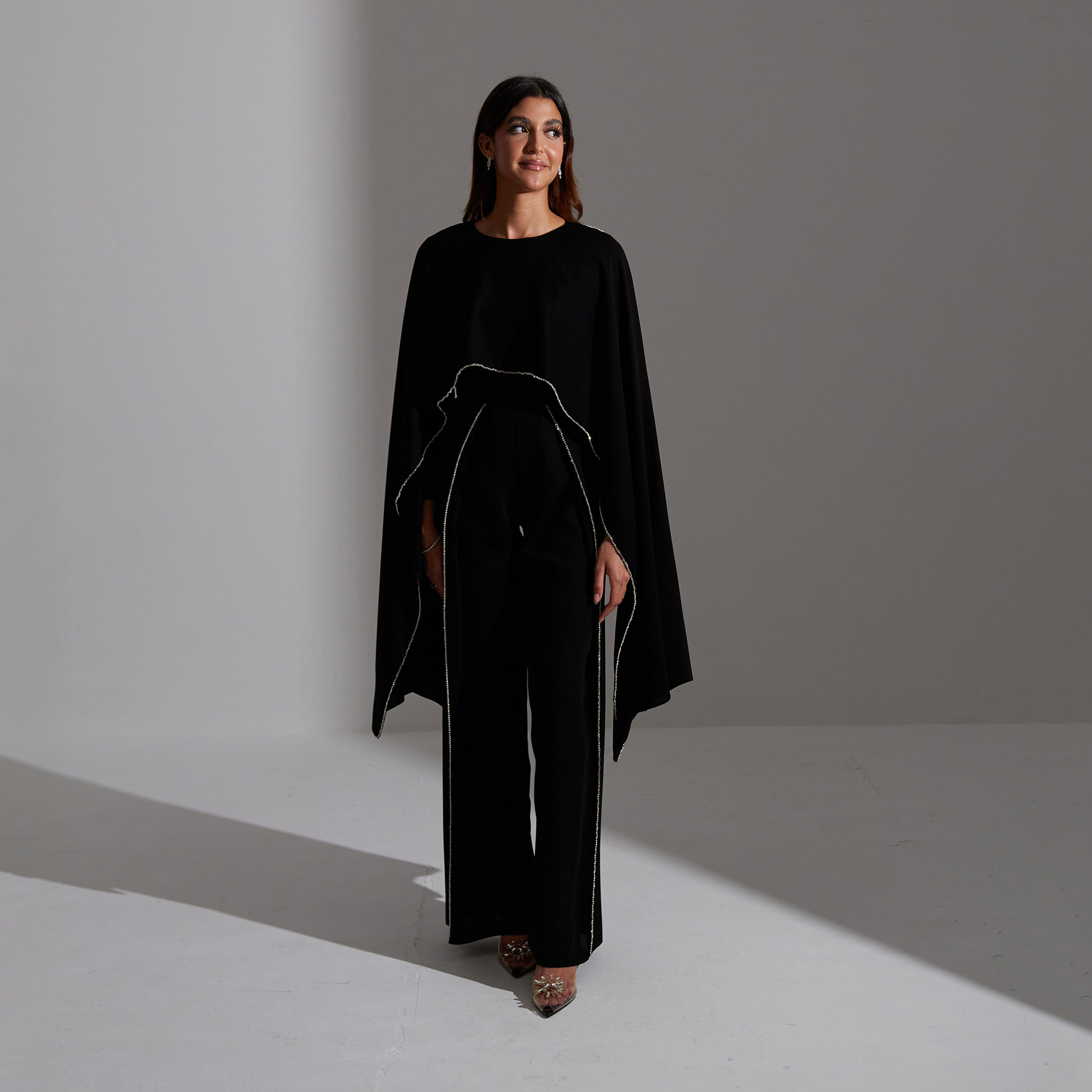 Akadia Stone Detailed Crepe Float Cape Overlay Women's Jumpsuit-women-clothing-jumpsuits-image-12