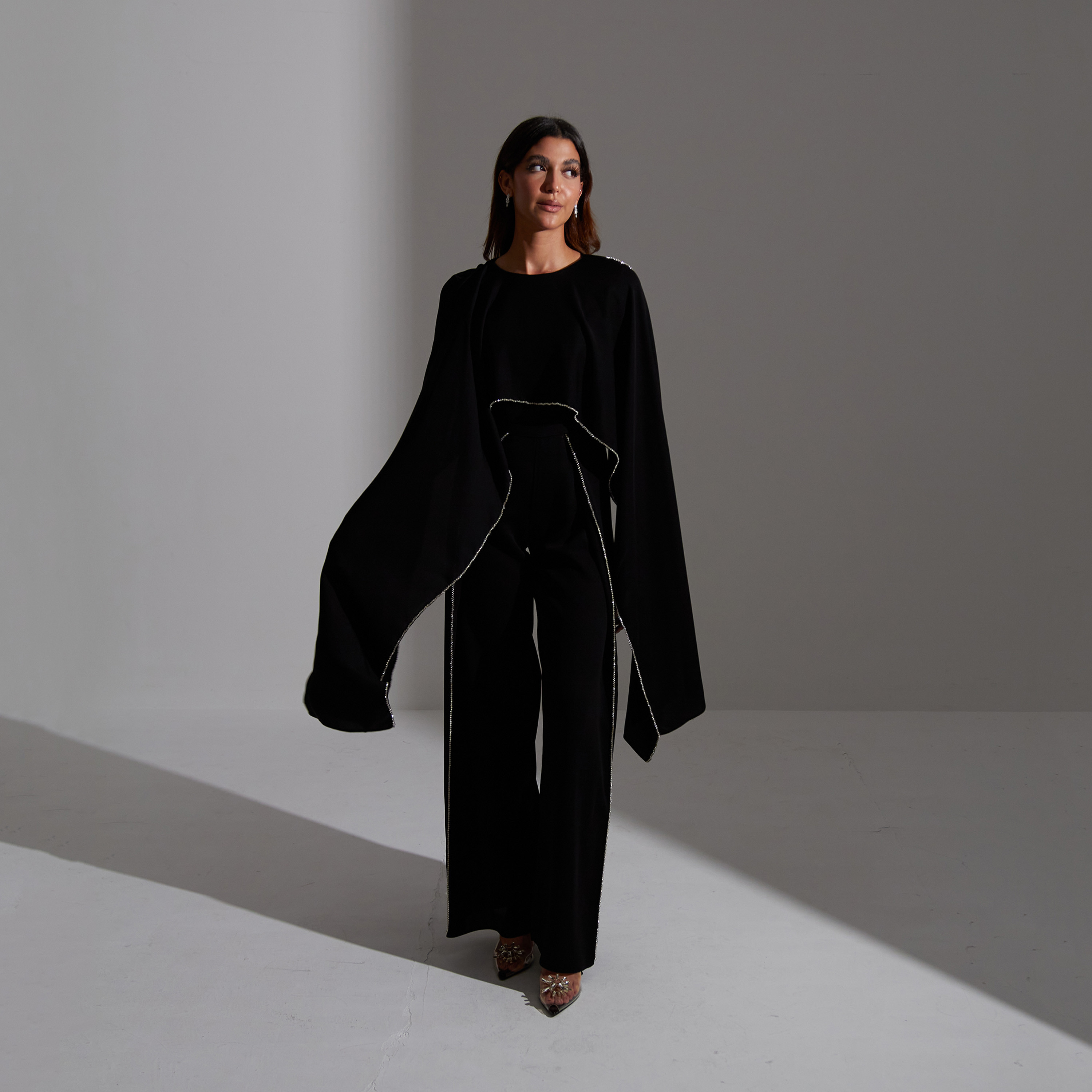 Akadia Stone Detailed Crepe Float Cape Overlay Women's Jumpsuit-women-clothing-jumpsuits-image-13