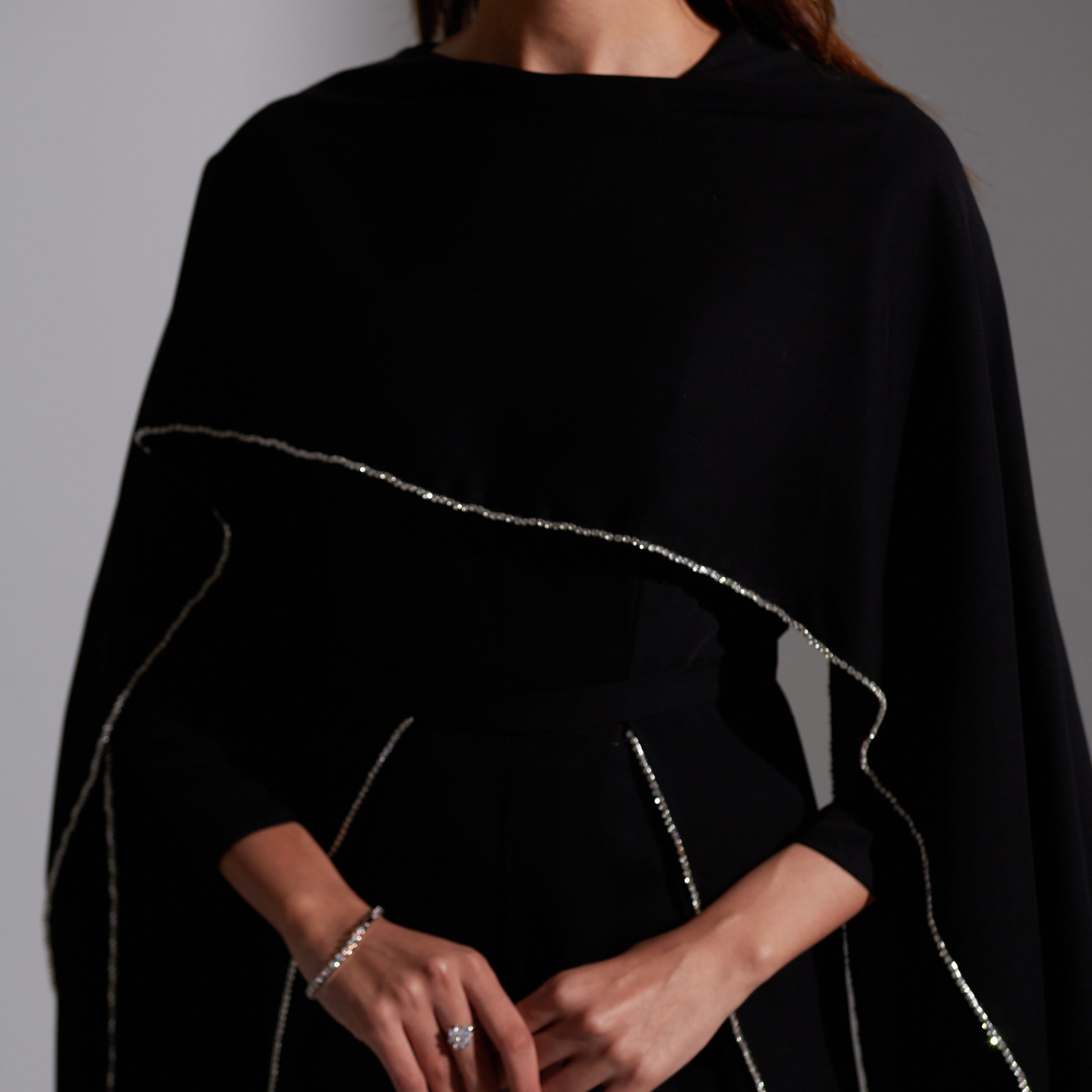 Akadia Stone Detailed Crepe Float Cape Overlay Women's Jumpsuit-women-clothing-jumpsuits-image-14