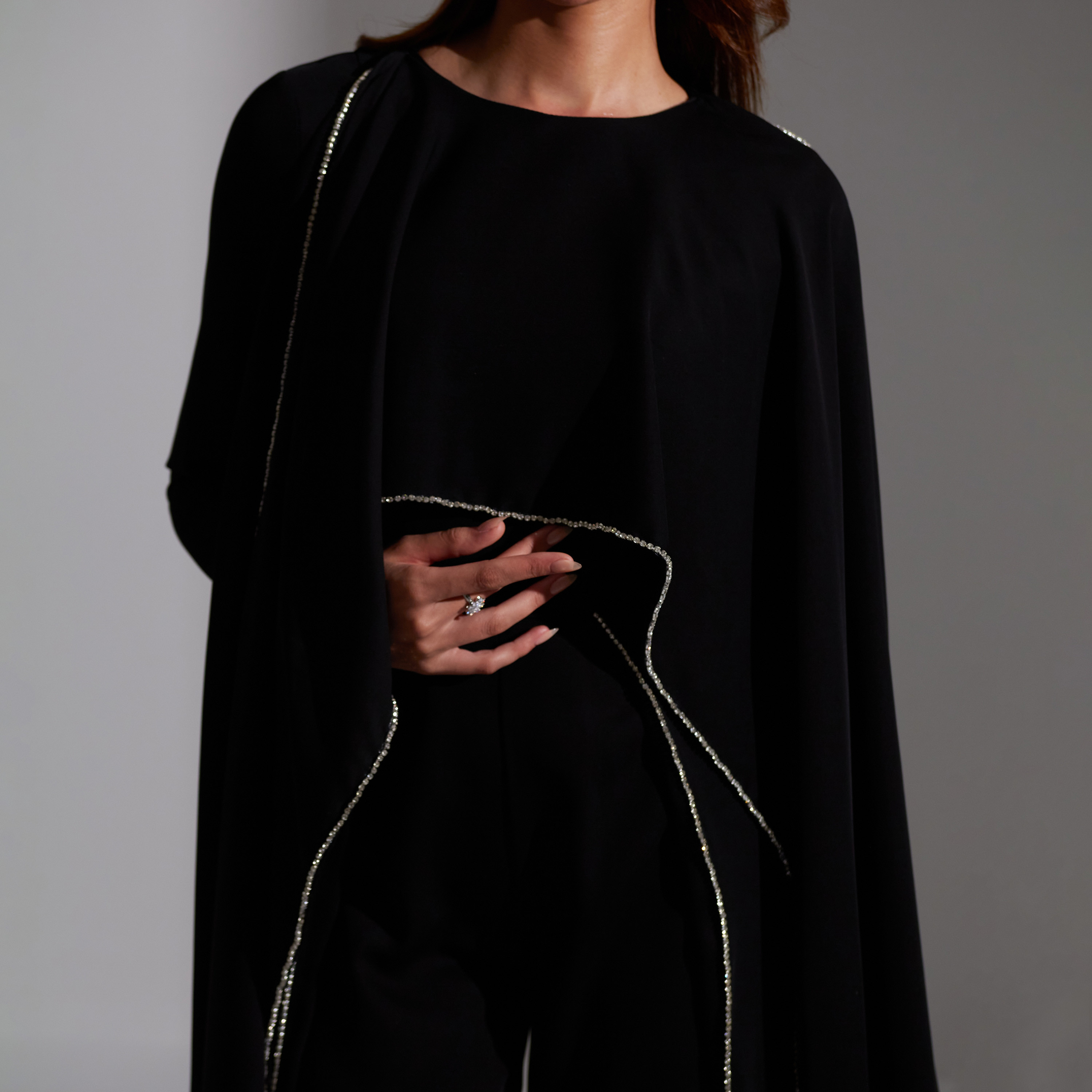 Akadia Stone Detailed Crepe Float Cape Overlay Women's Jumpsuit-women-clothing-jumpsuits-image-17