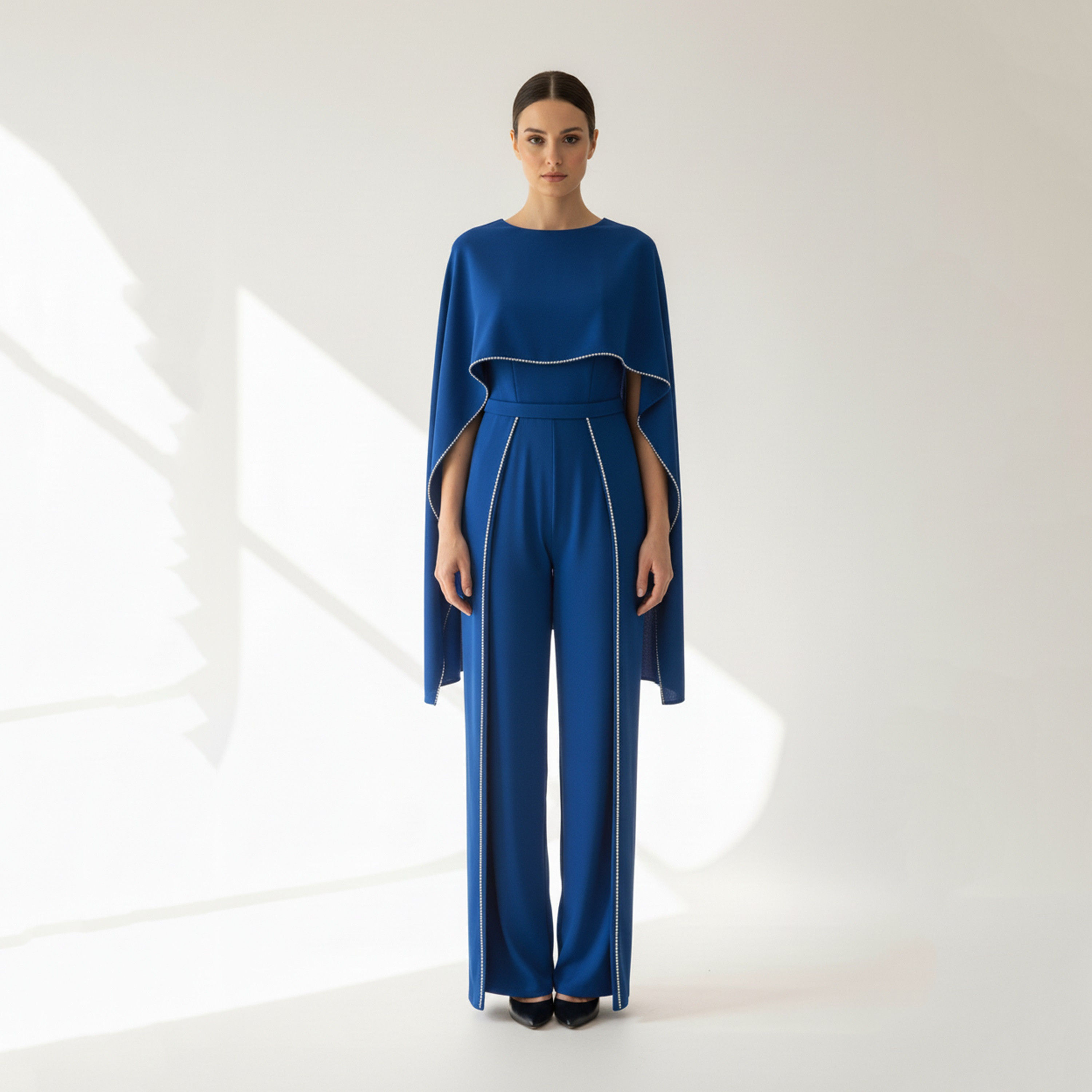 Akadia Stone Detailed Crepe Float Cape Overlay Women's Jumpsuit-women-clothing-jumpsuits-image-4