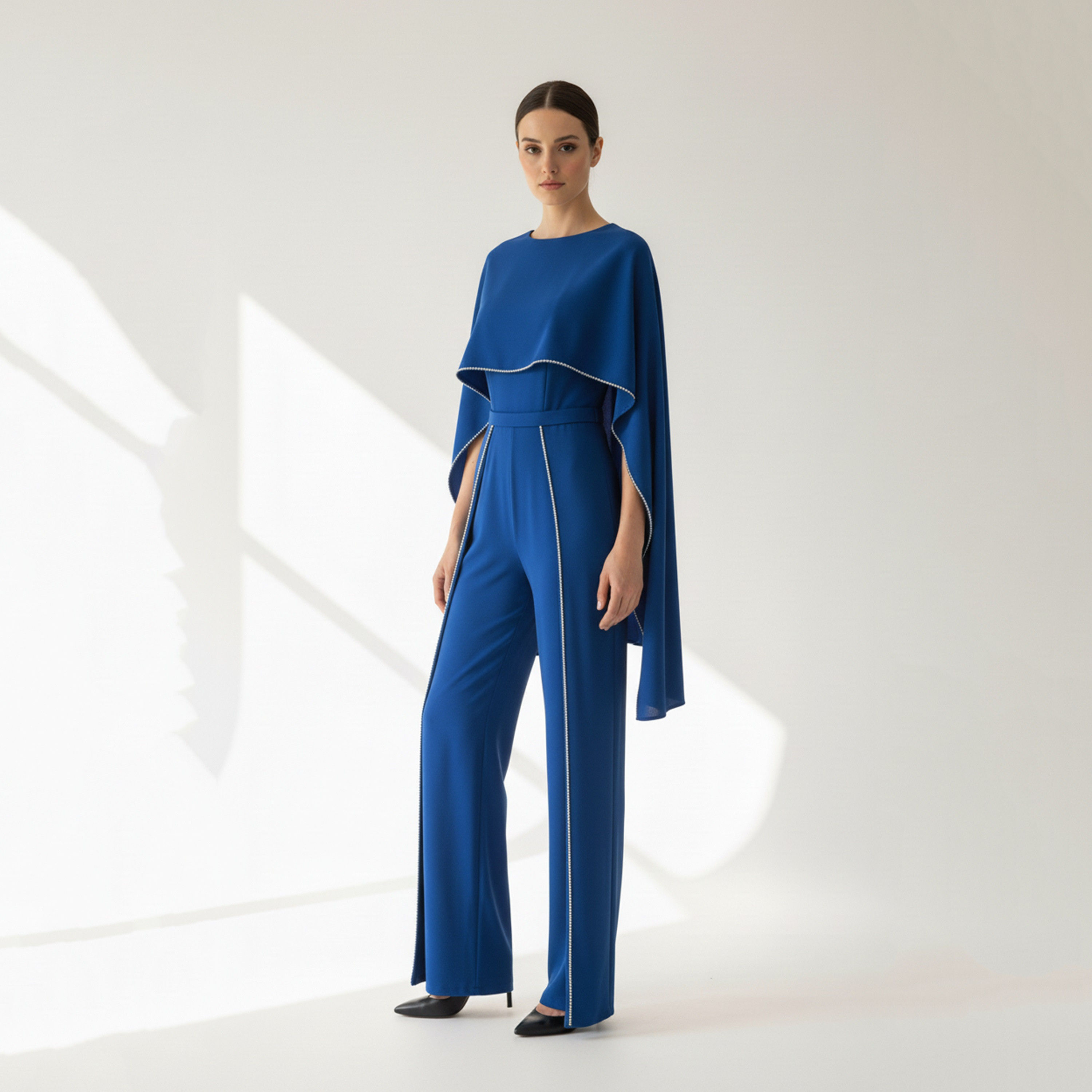 Akadia Stone Detailed Crepe Float Cape Overlay Women's Jumpsuit-women-clothing-jumpsuits-image-5