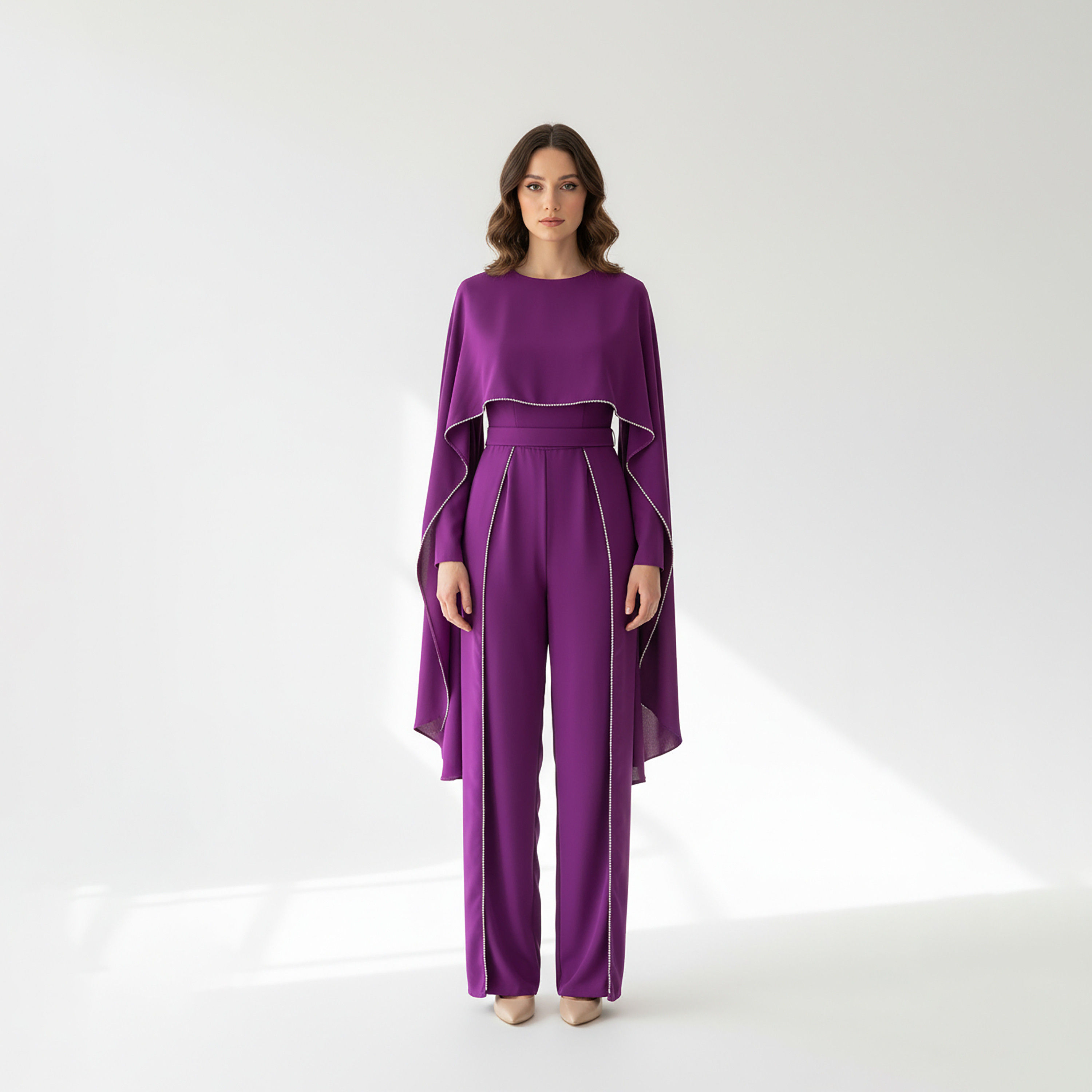 Akadia Stone Detailed Crepe Float Cape Overlay Women's Jumpsuit-women-clothing-jumpsuits-image-7