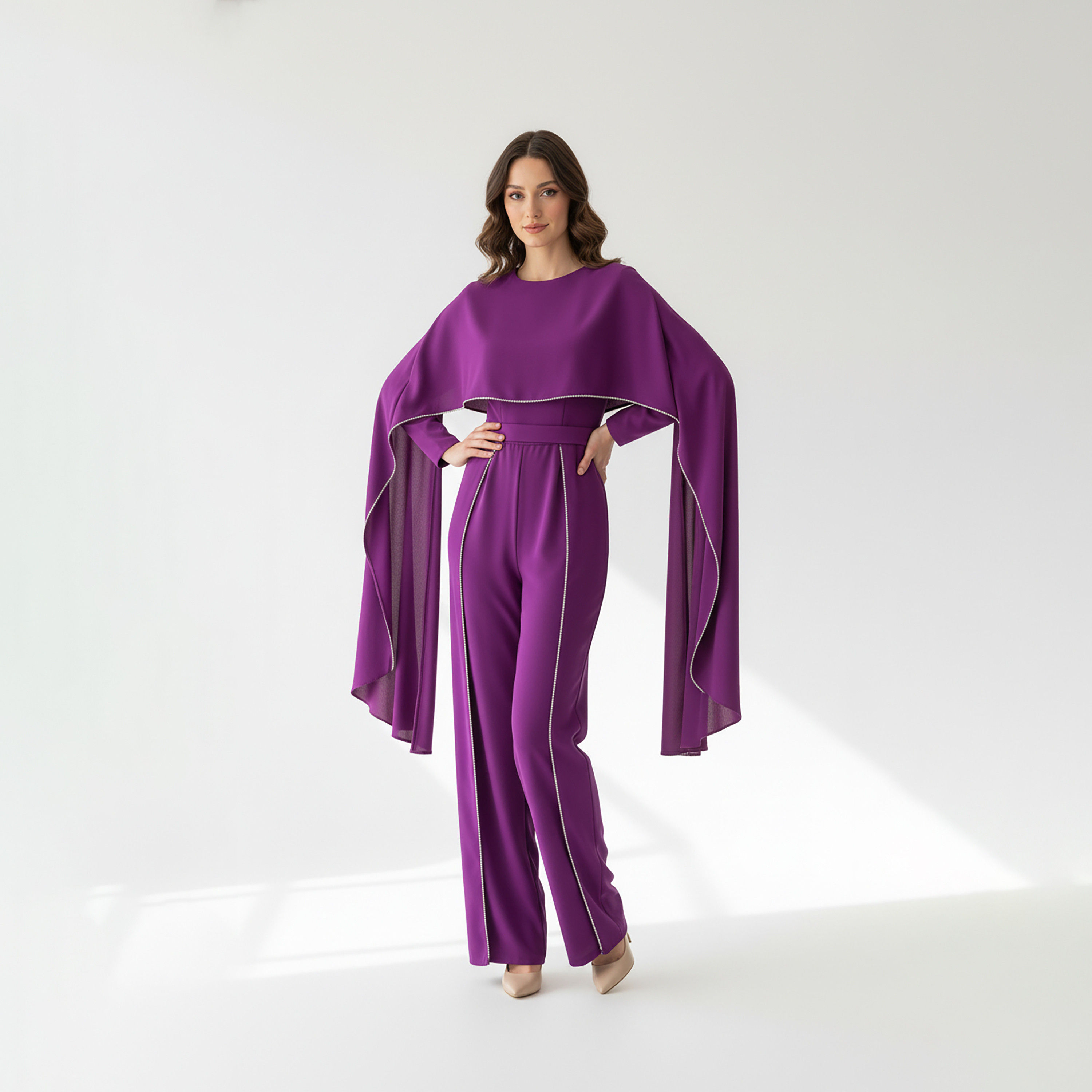 Akadia Stone Detailed Crepe Float Cape Overlay Women's Jumpsuit-women-clothing-jumpsuits-image-8