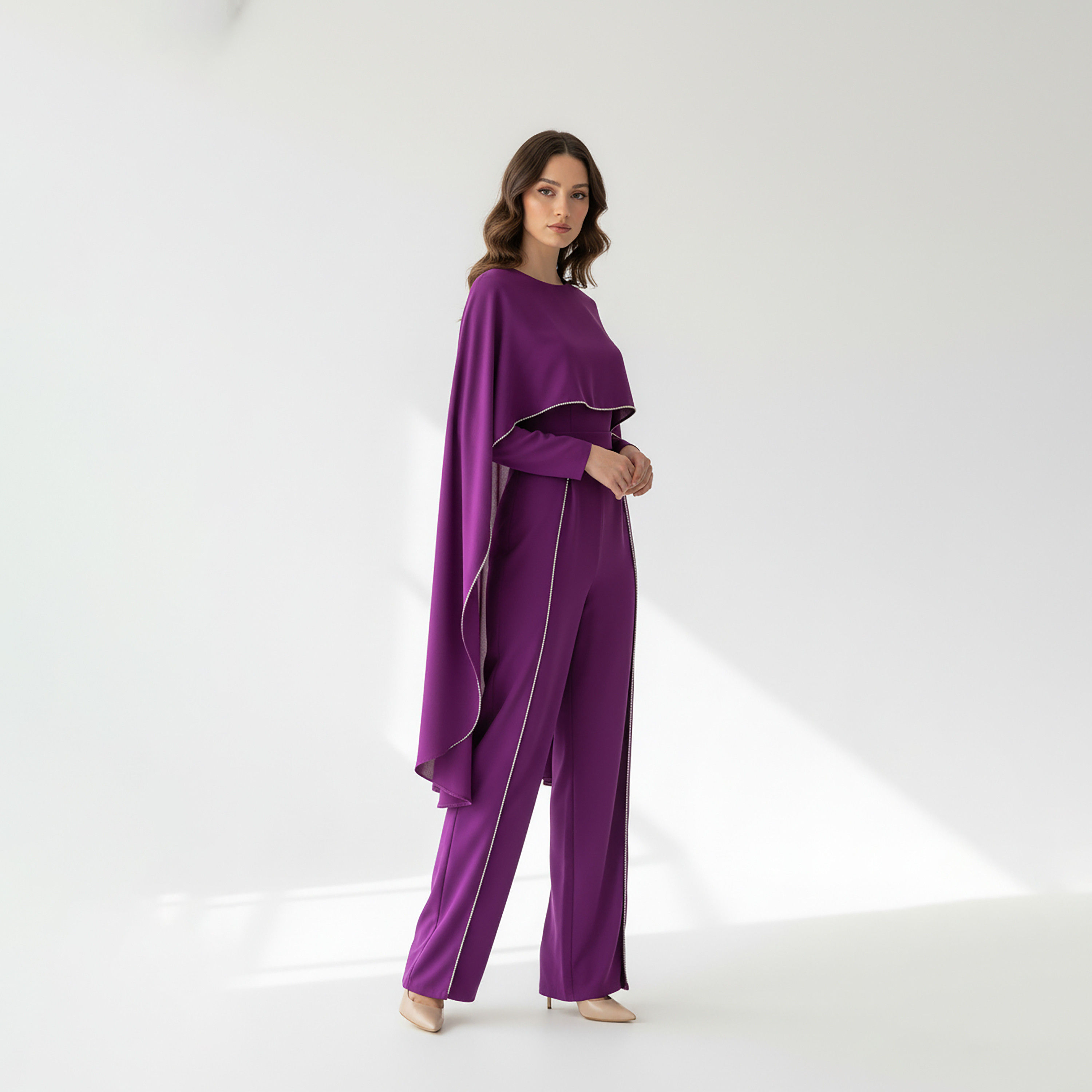 Akadia Stone Detailed Crepe Float Cape Overlay Women's Jumpsuit-women-clothing-jumpsuits-image-9