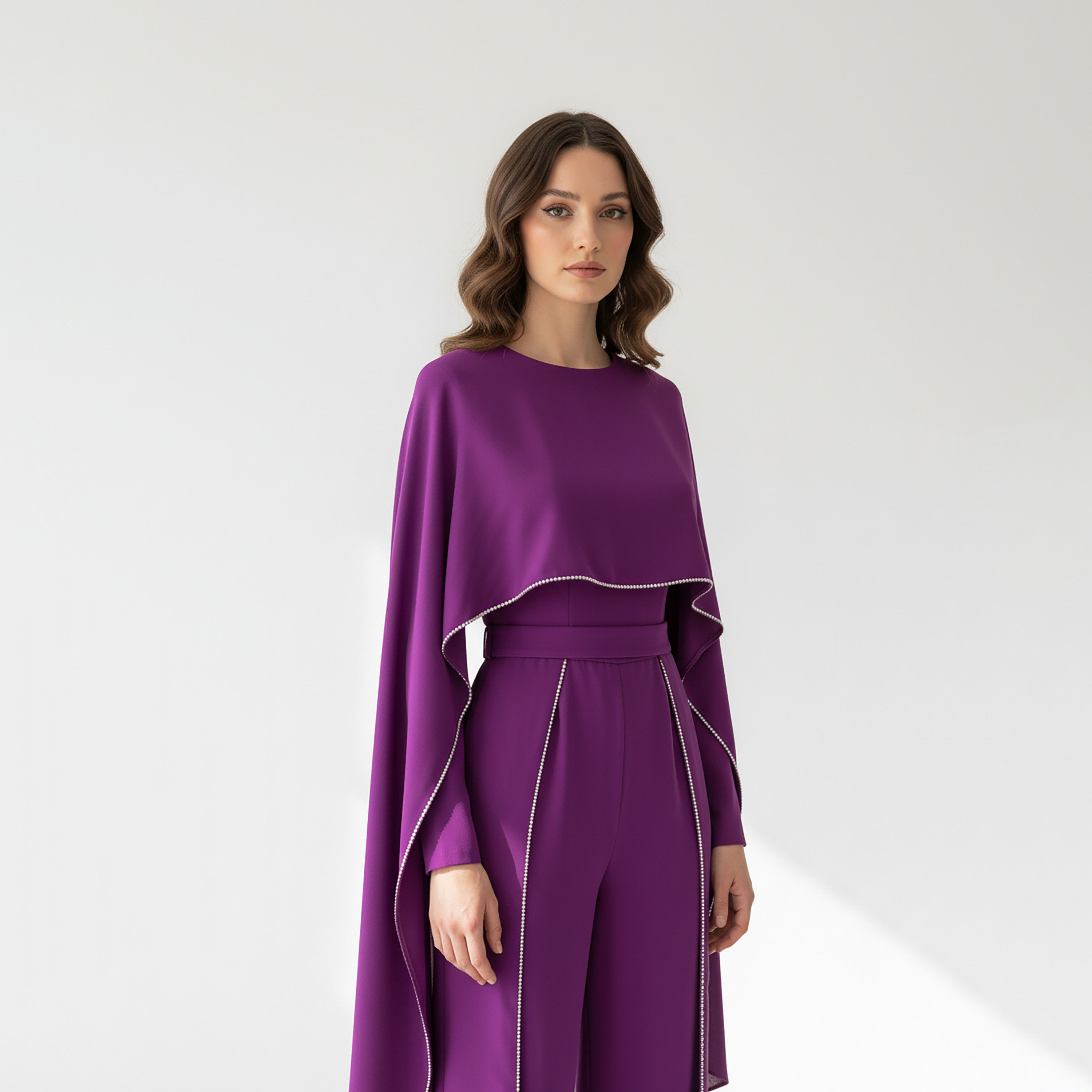Akadia Stone Detailed Crepe Float Cape Overlay Women's Jumpsuit-women-clothing-jumpsuits-image-10