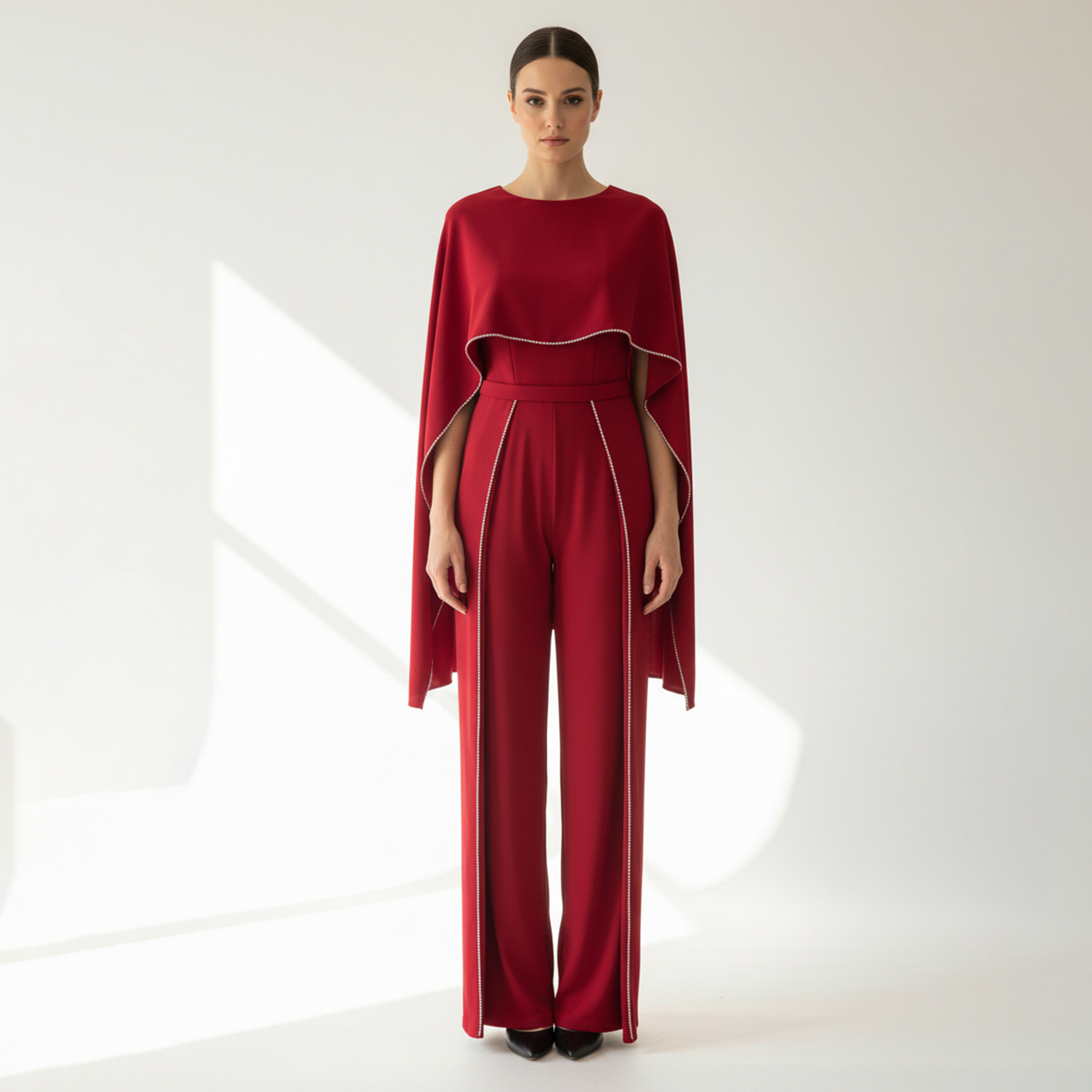 Akadia Stone Detailed Crepe Float Cape Overlay Women's Jumpsuit-women-clothing-jumpsuits-image-1