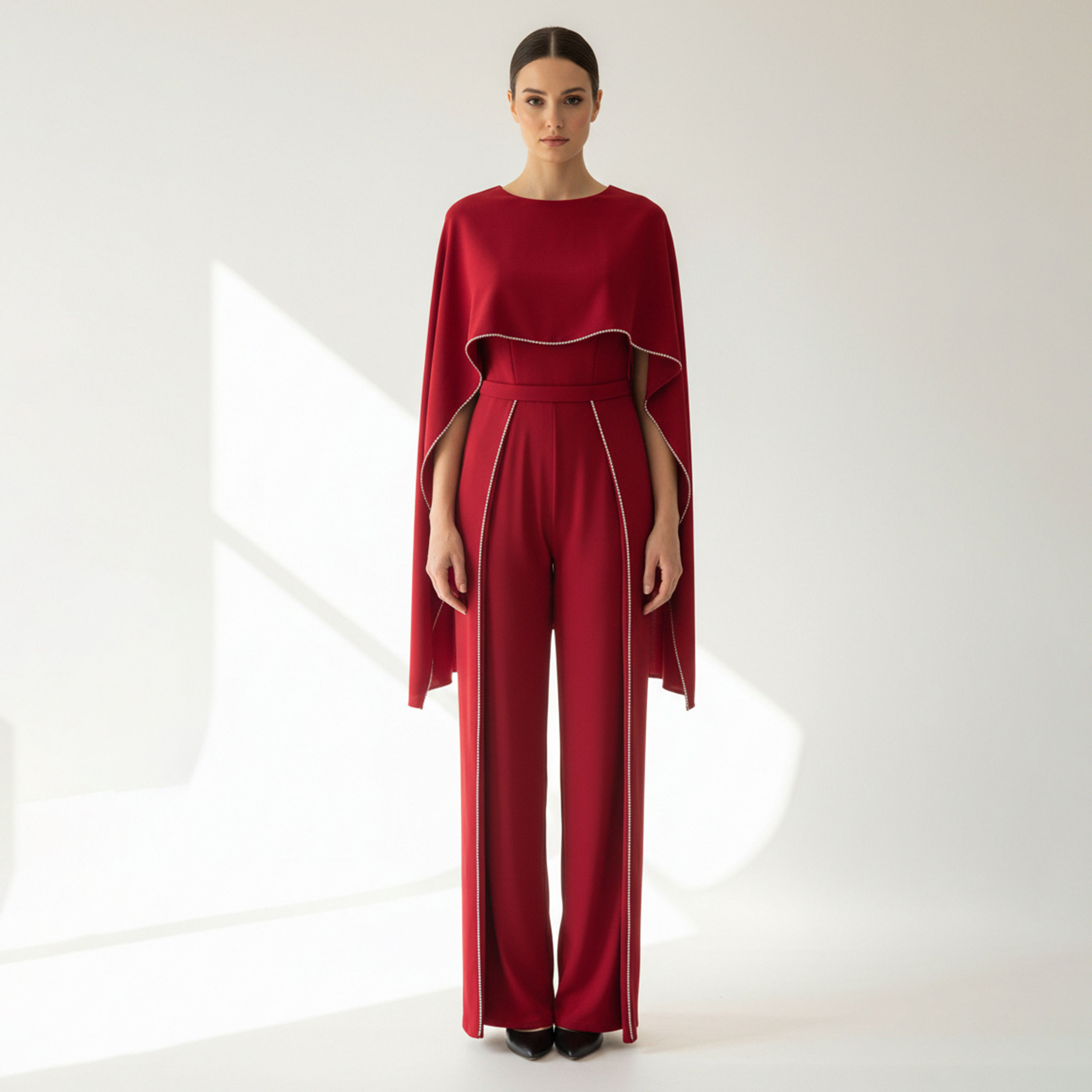 Akadia Stone Detailed Crepe Float Cape Overlay Women's Jumpsuit-women-clothing-jumpsuits-image-1