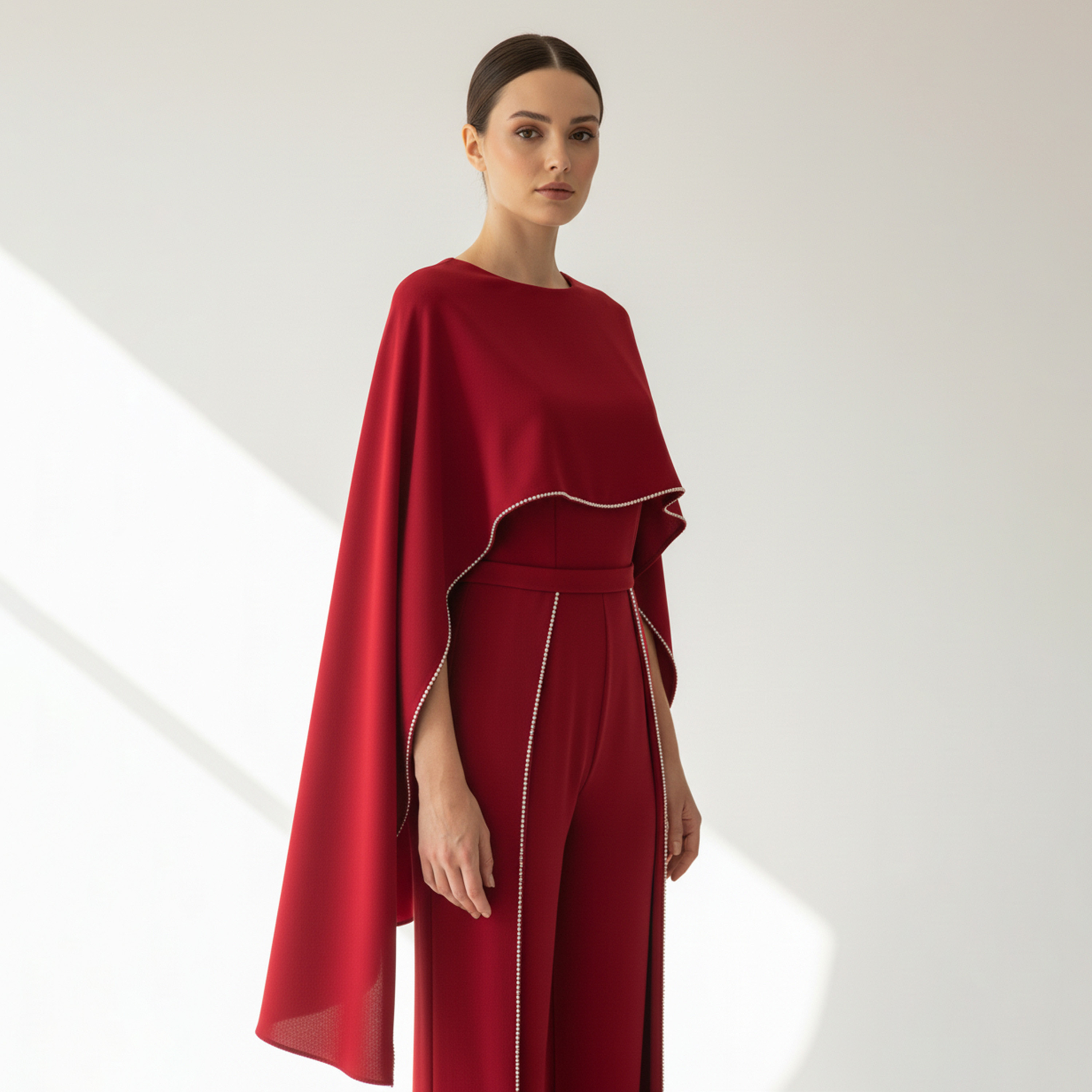 Akadia Stone Detailed Crepe Float Cape Overlay Women's Jumpsuit-women-clothing-jumpsuits-image-2