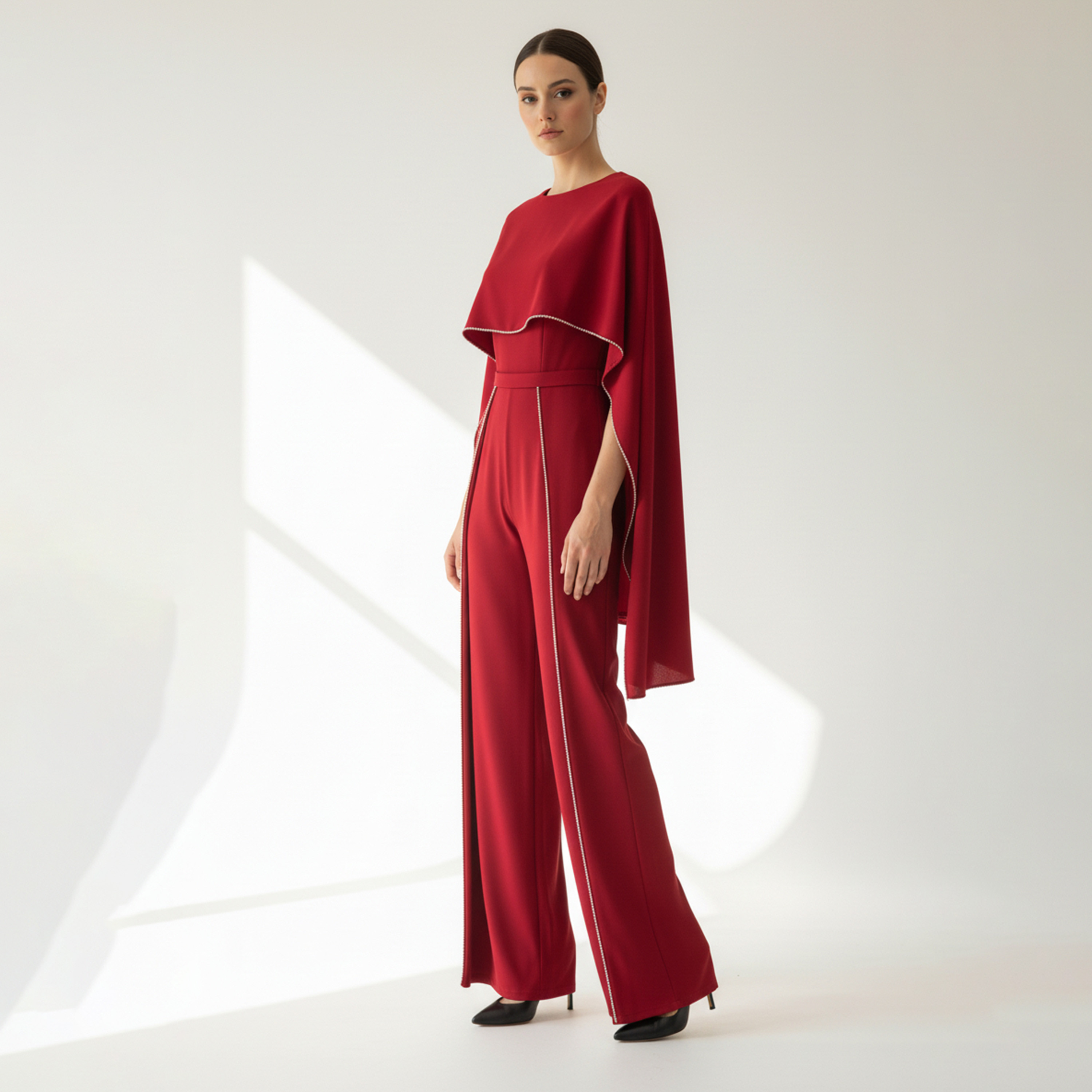 Akadia Stone Detailed Crepe Float Cape Overlay Women's Jumpsuit-women-clothing-jumpsuits-image-3