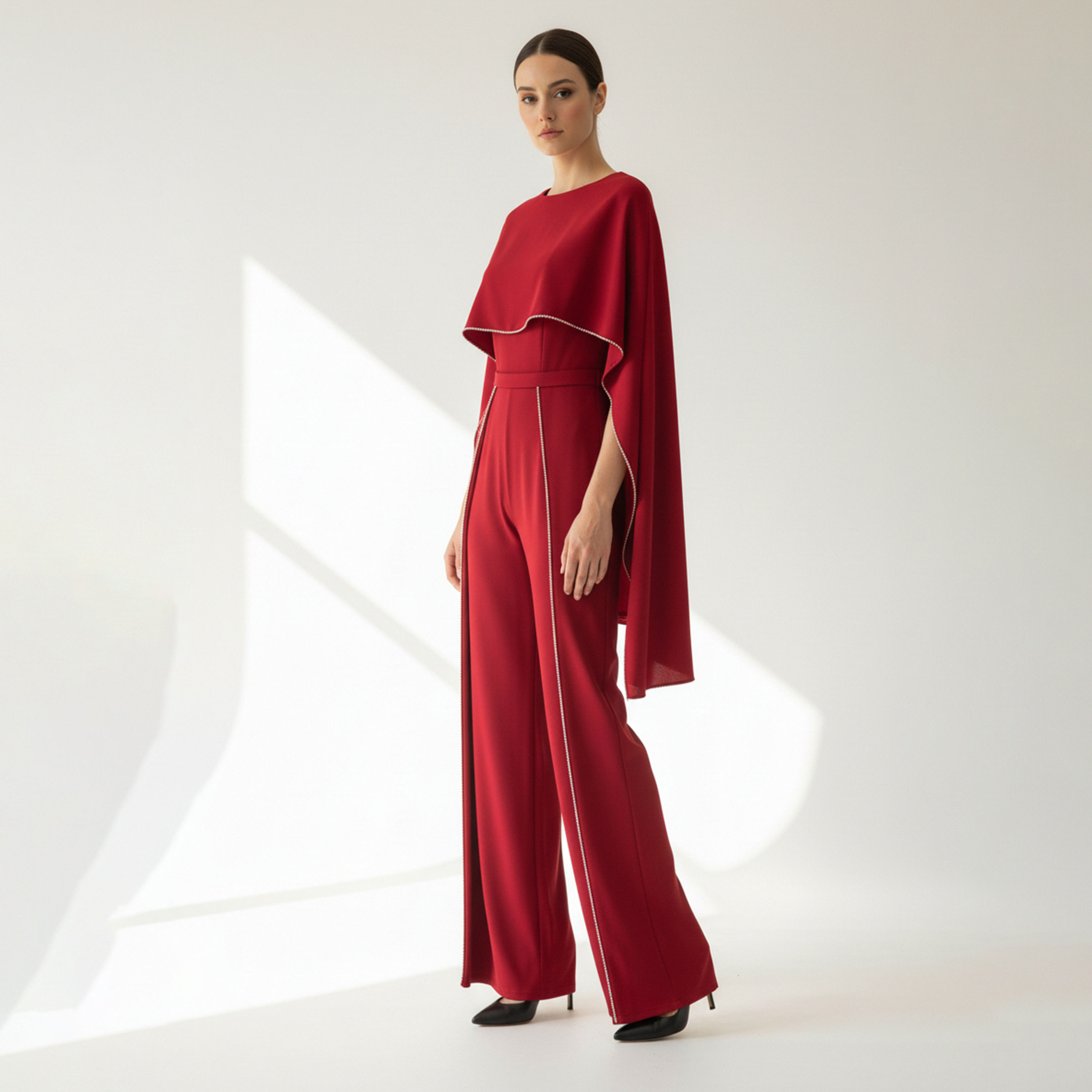 Akadia Stone Detailed Crepe Float Cape Overlay Women's Jumpsuit-women-clothing-jumpsuits-image-3