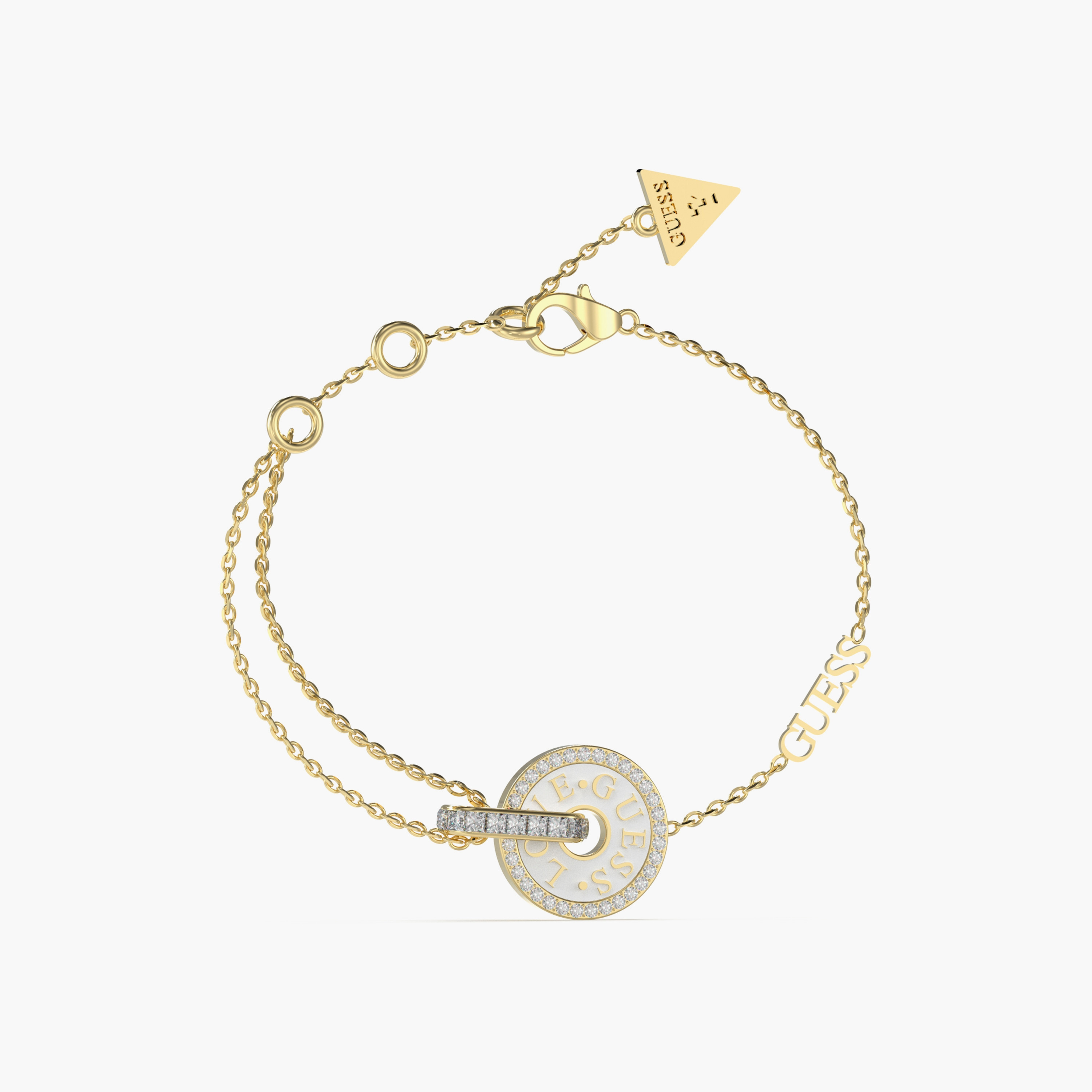 Guess Love Guess Women Gold Dual Chain Disc Charm Bracelet Stainless Steel | JUBB04078JWYGWHS-women-watchesandjewellery-jewellery-banglesandbracelets-image-1