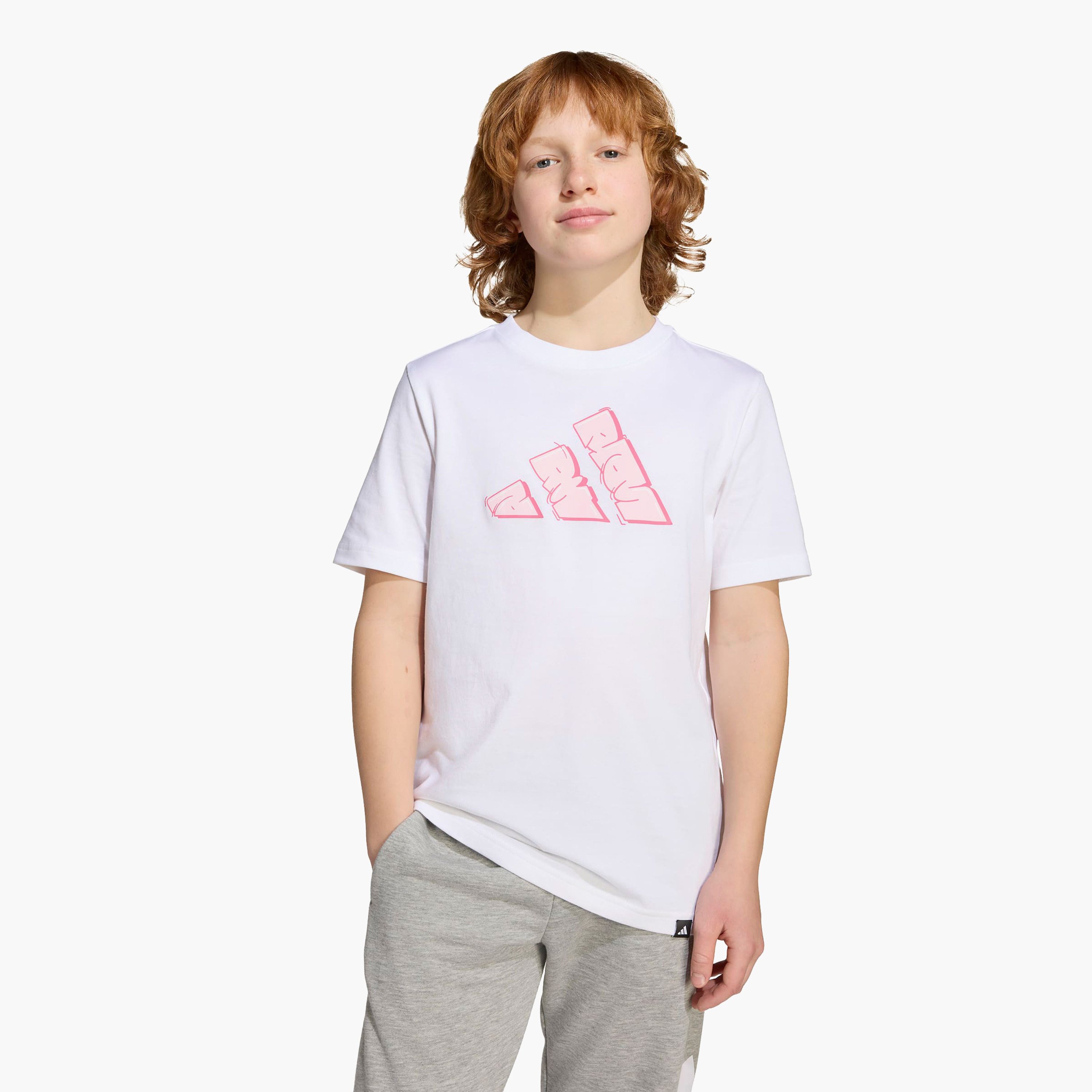 تيشيرت بياقة ضيقة وطبعات شعار غرافيتي للبنات من أديداس - قطن - أكمام قصيرة-sports-girls-clothing-tops-image-1
