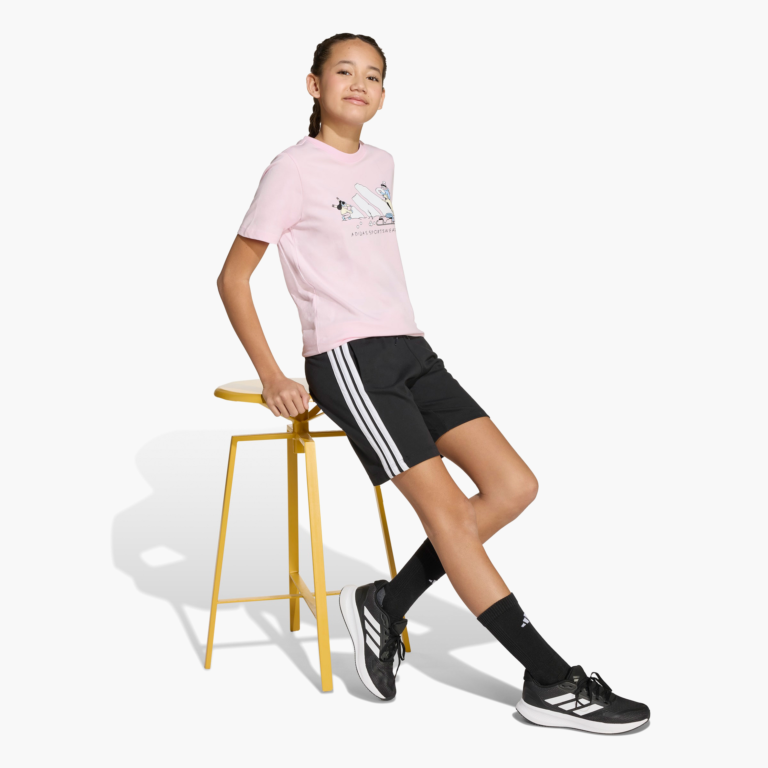 تيشيرت قطن بطبعات شعار وياقة ضيقة وأكمام قصيرة للفتيات من أديداس-sports-girls-clothing-tops-image-6