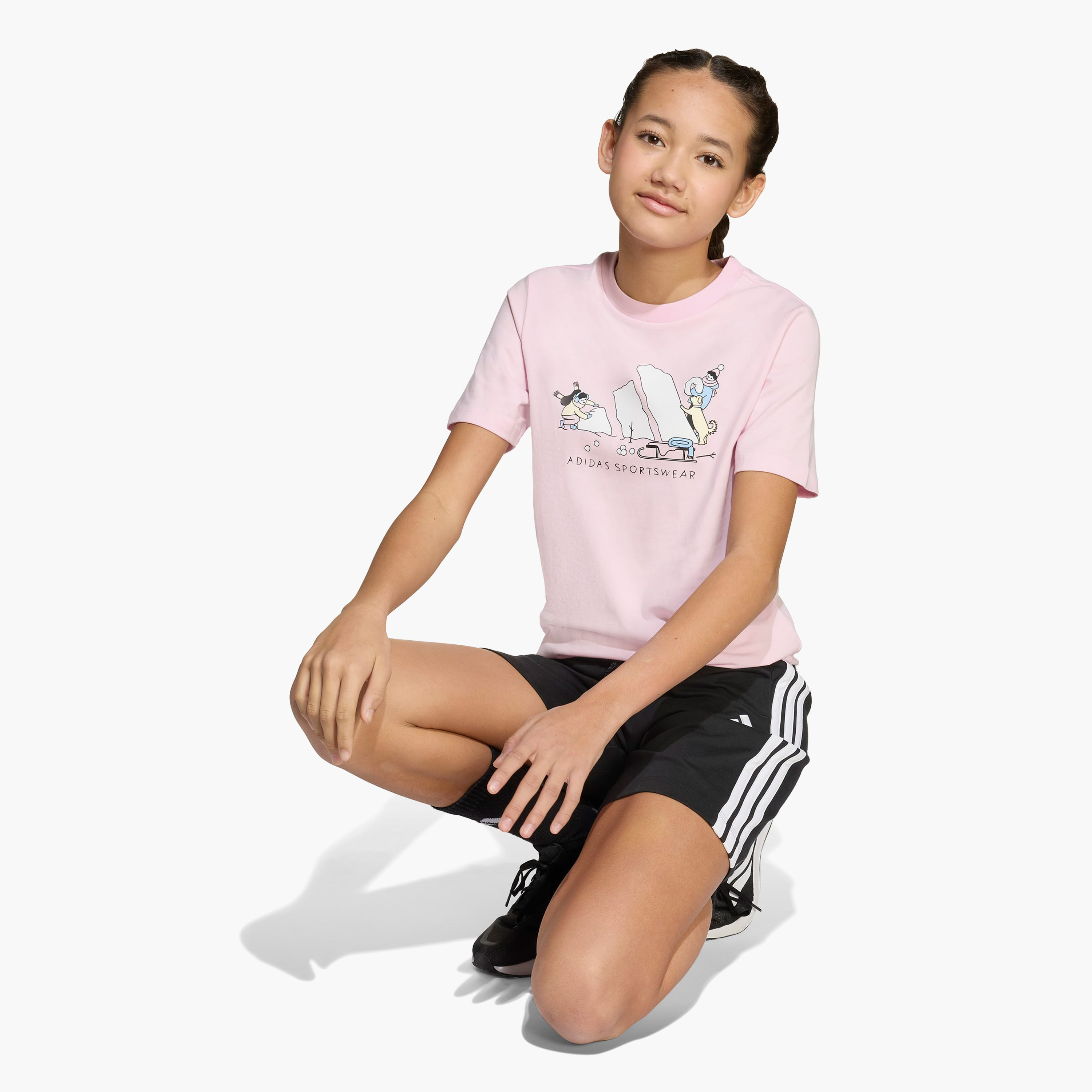 تيشيرت قطن بطبعات شعار وياقة ضيقة وأكمام قصيرة للفتيات من أديداس-sports-girls-clothing-tops-image-4