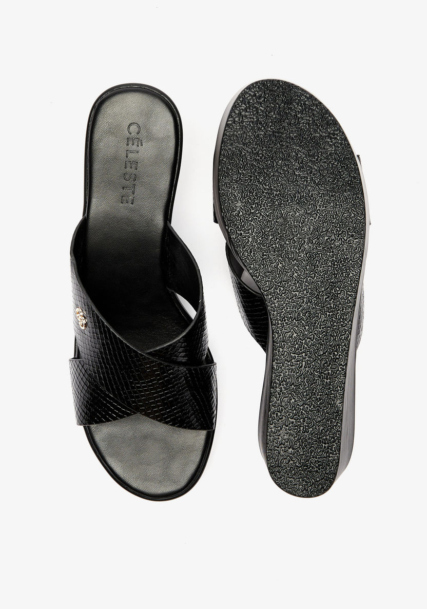 Celeste Women's Textured Cross Strap Slip-On Sandals with Wedge Heels-Women%27s Heel Sandals-image-4