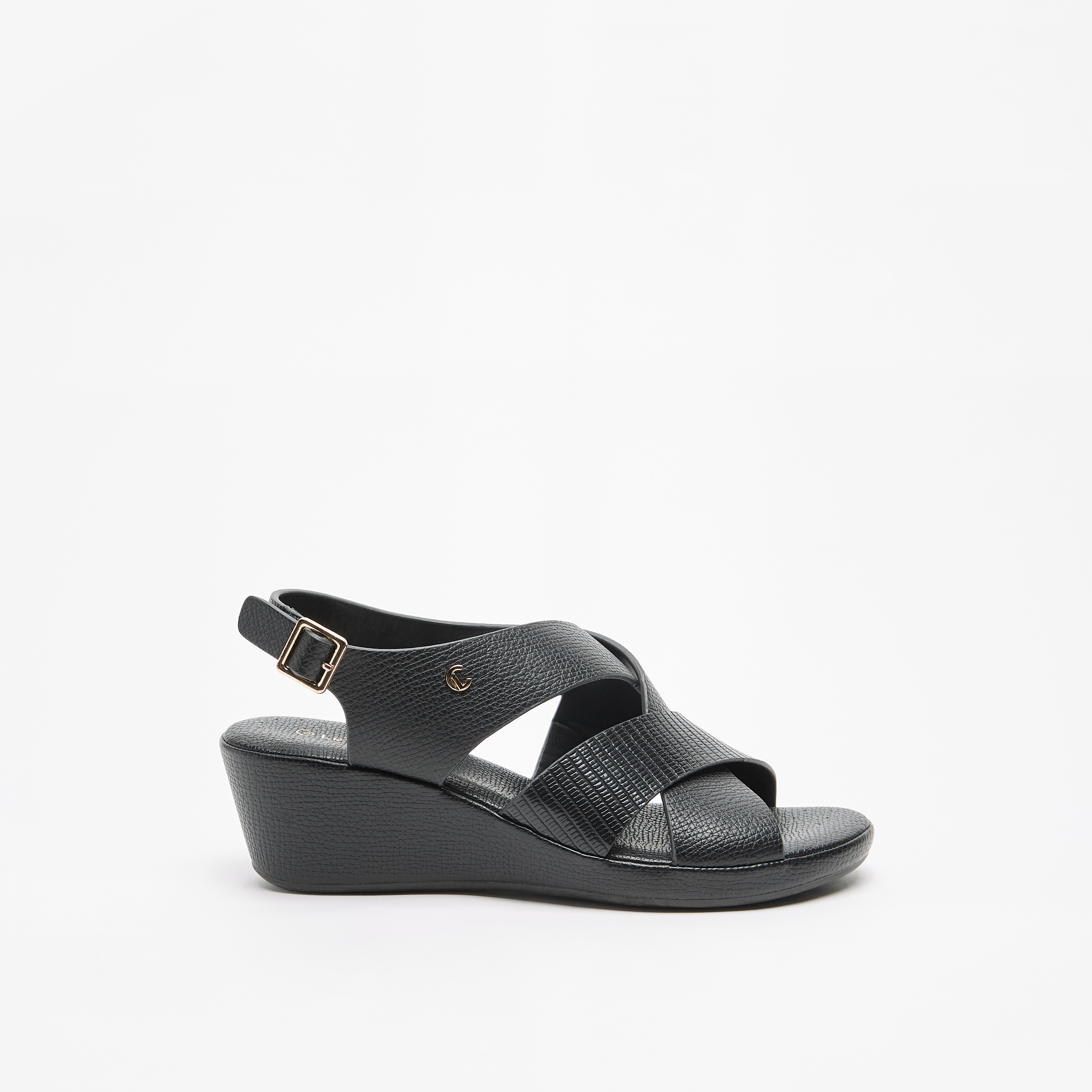 صندل بارز الملمس بأحزمة متقاطعة وكعب ويدج وإبزيم إغلاق من لو كونفورت-women-shoes-sandals-heeled-image-3