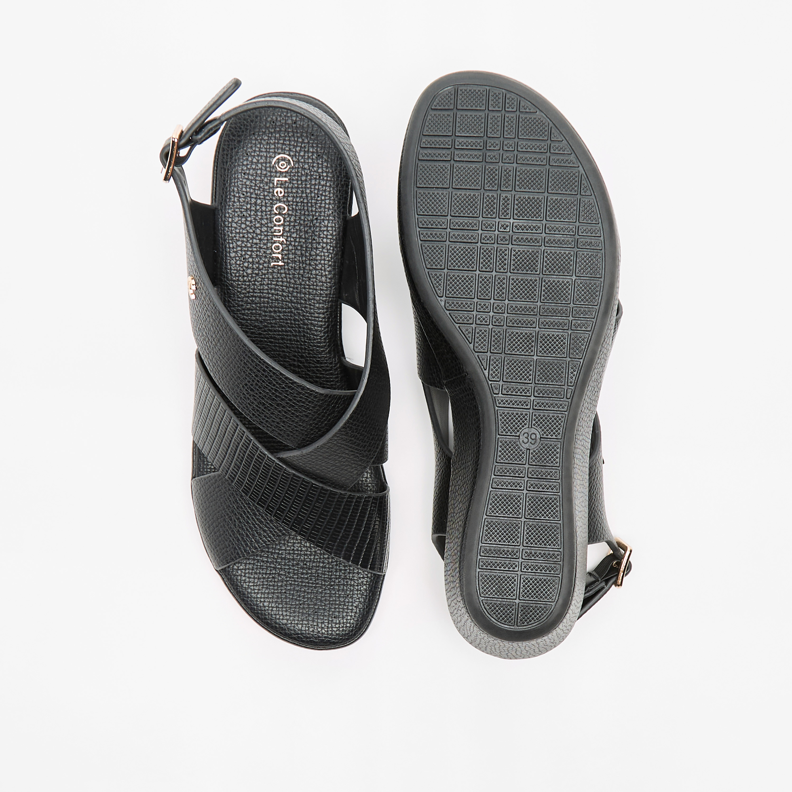Le Confort Textured Cross Strap Sandals with Wedge Heels and Buckle Closure-women-shoes-sandals-heeled-image-4