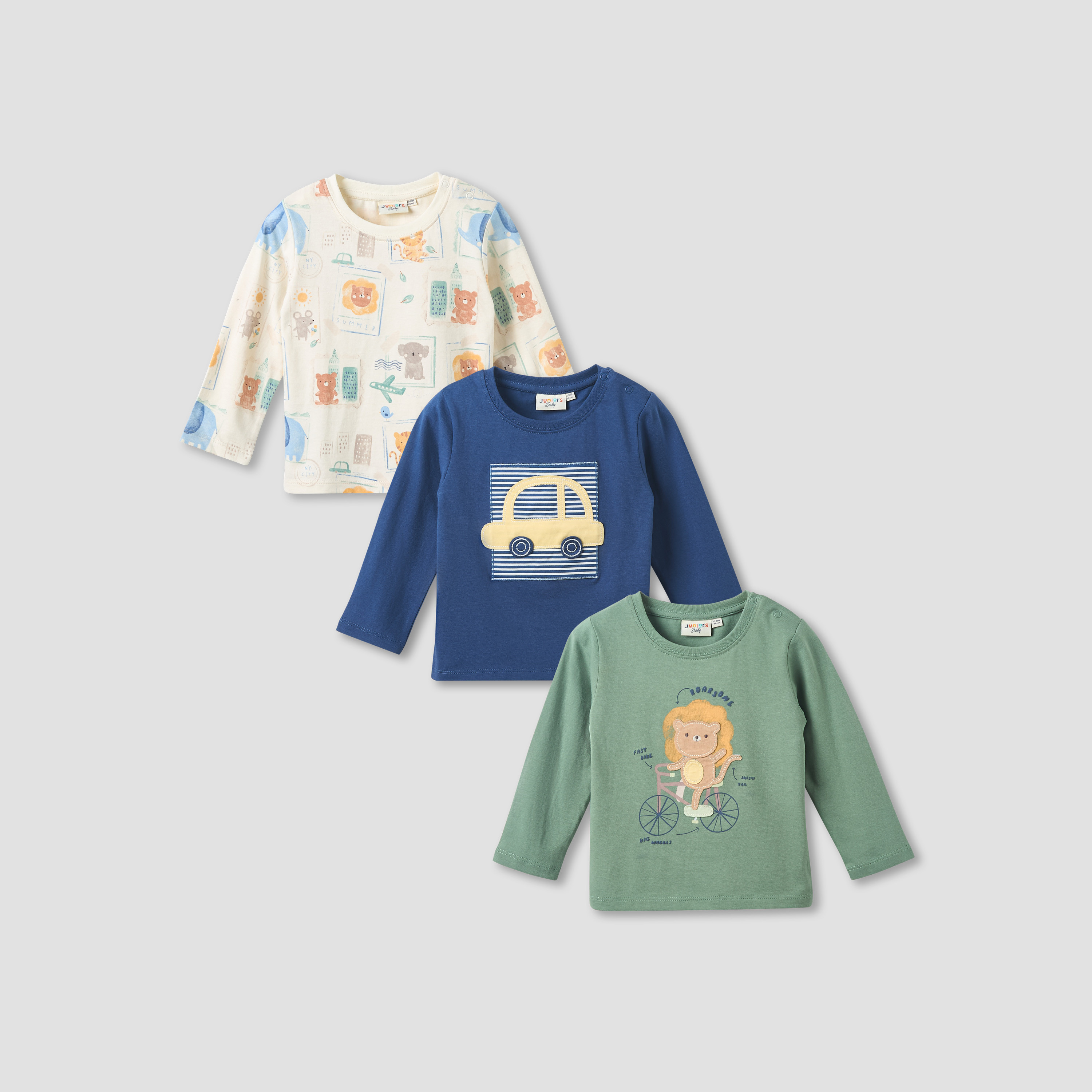Pack of 3 Juniors Crew Neck Long Sleeves T-shirt with Assorted Print-baby-boys-clothing-multipacks-image-1