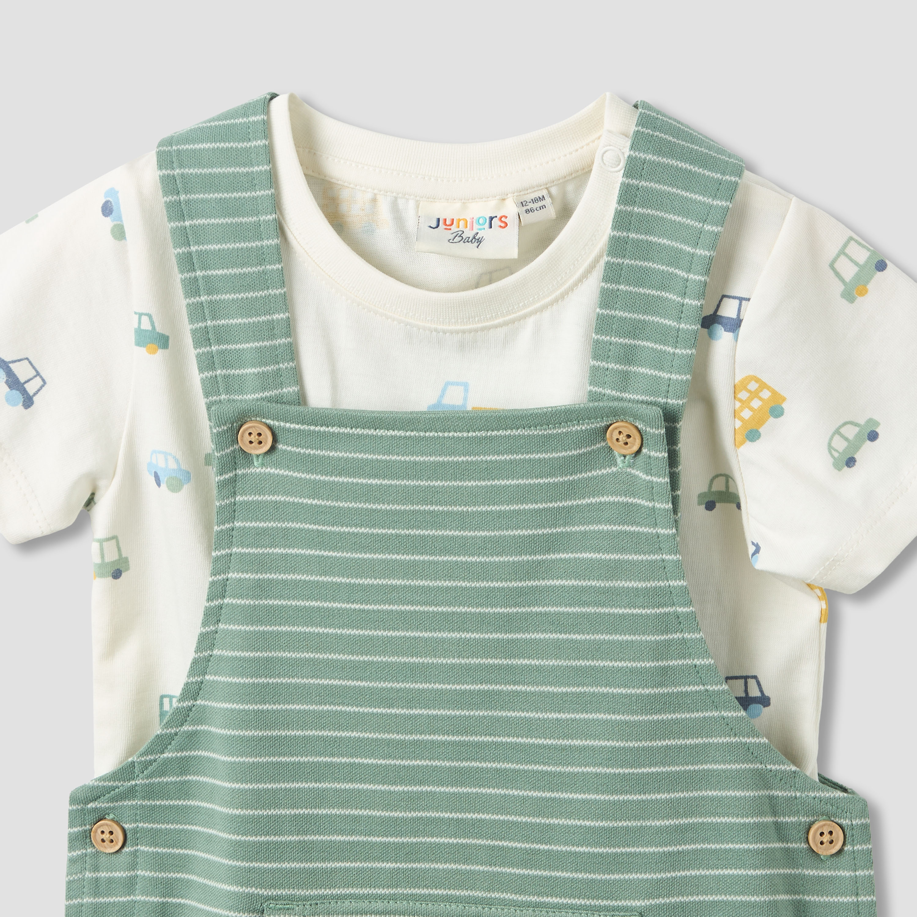 Juniors Crew Neck Short Sleeve T-shirt and Dungaree Set with Stripes-baby-boys-clothing-rompers-image-5
