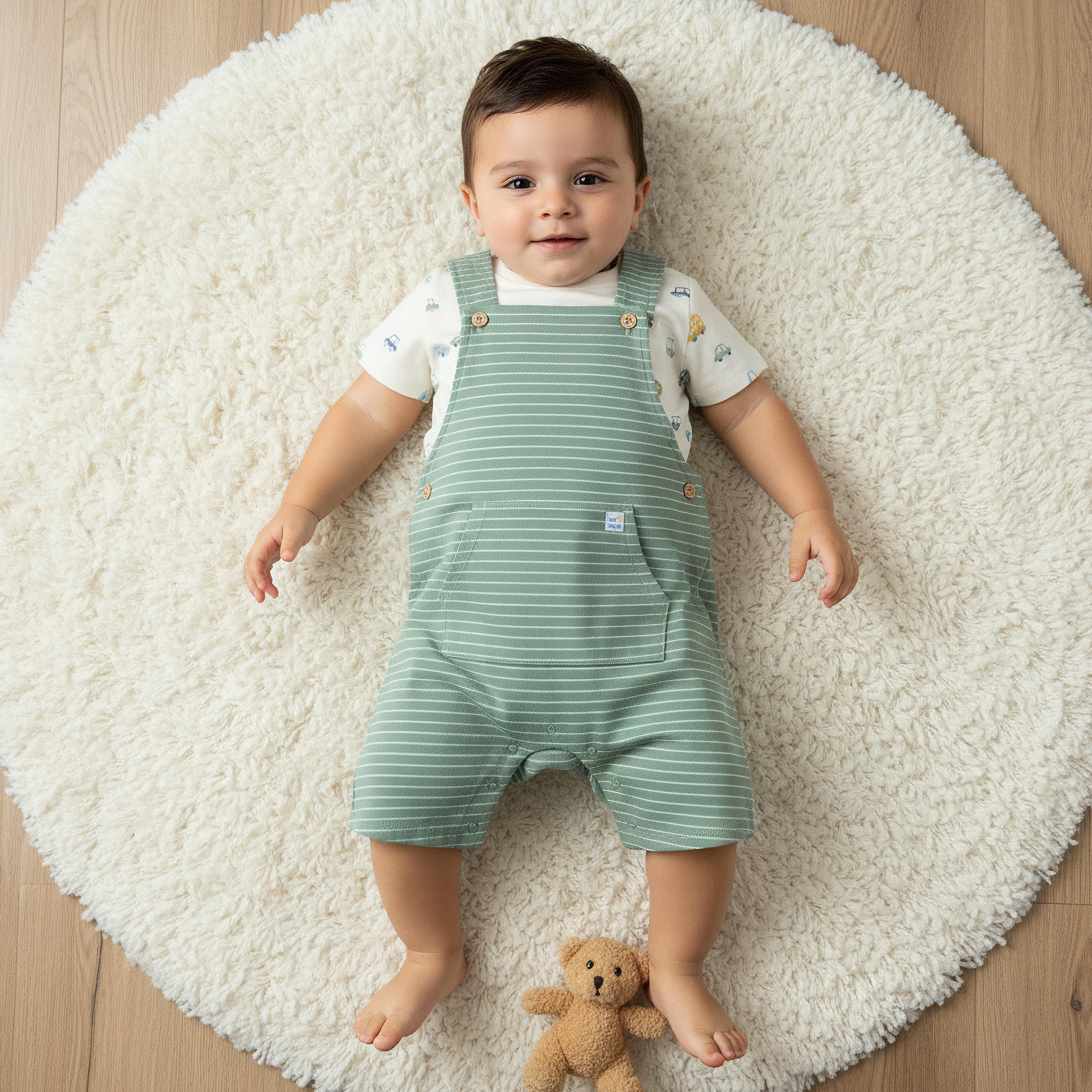 Juniors Crew Neck Short Sleeve T-shirt and Dungaree Set with Stripes-baby-boys-clothing-rompers-image-1