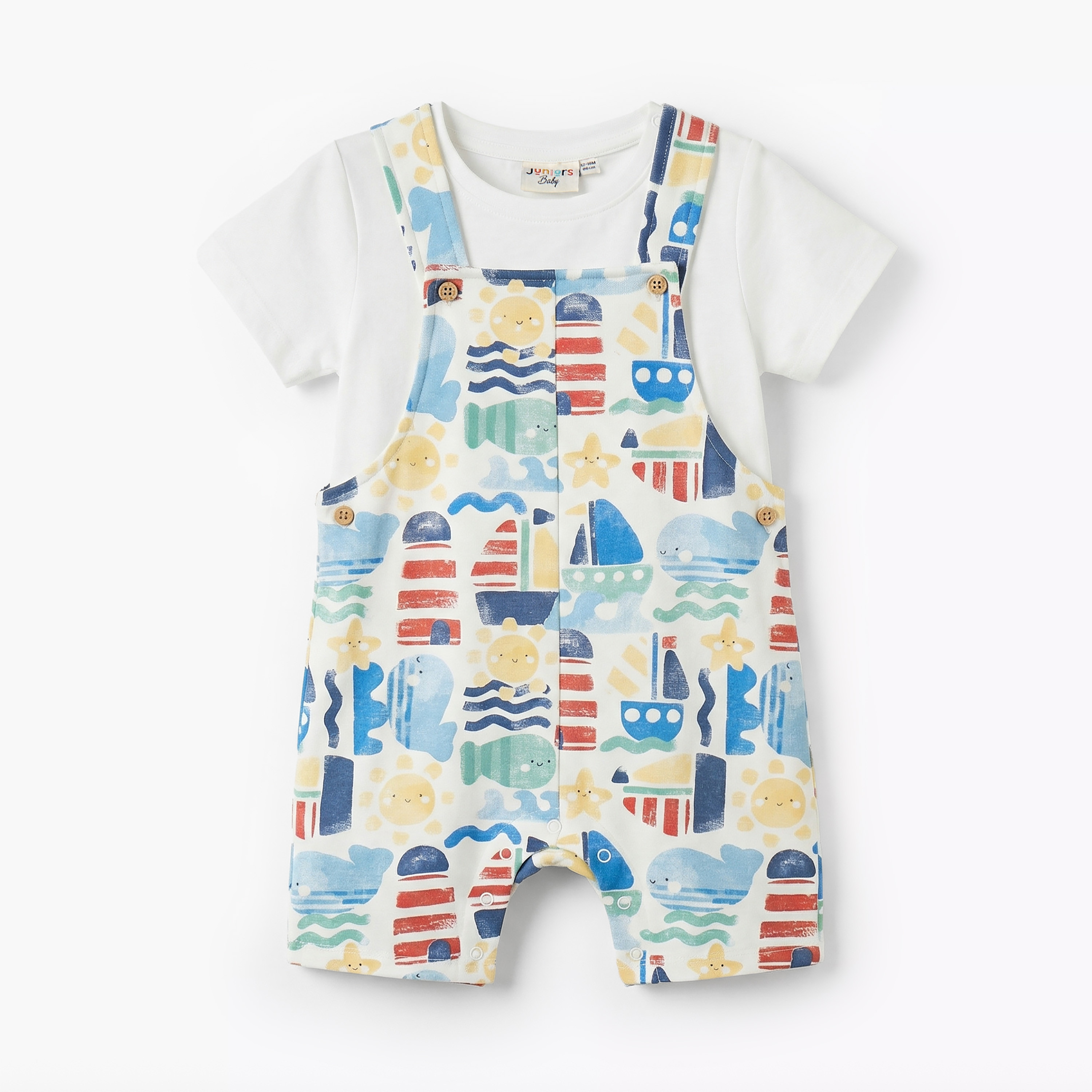 Juniors Crew Neck Short Sleeves T-shirt and Dungaree Set with Marine Print-baby-boys-clothing-setsandcoords-image-1