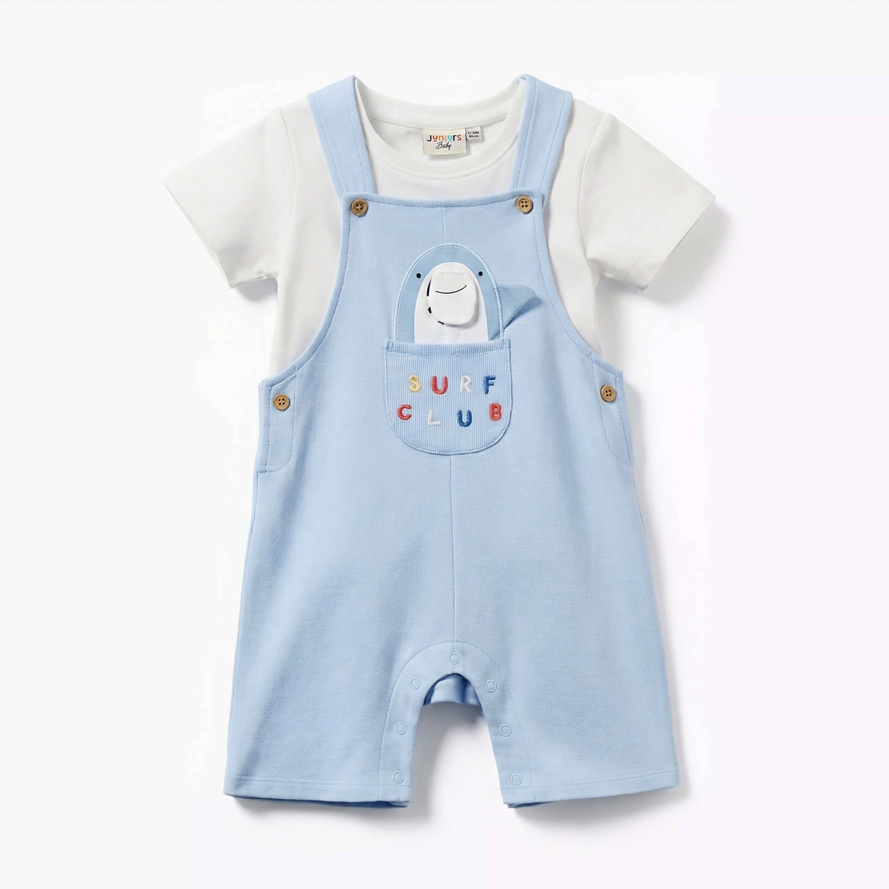 Juniors Crew Neck Short Sleeves T-shirt and Dungaree Set with Shark Applique-baby-boys-clothing-setsandcoords-image-2