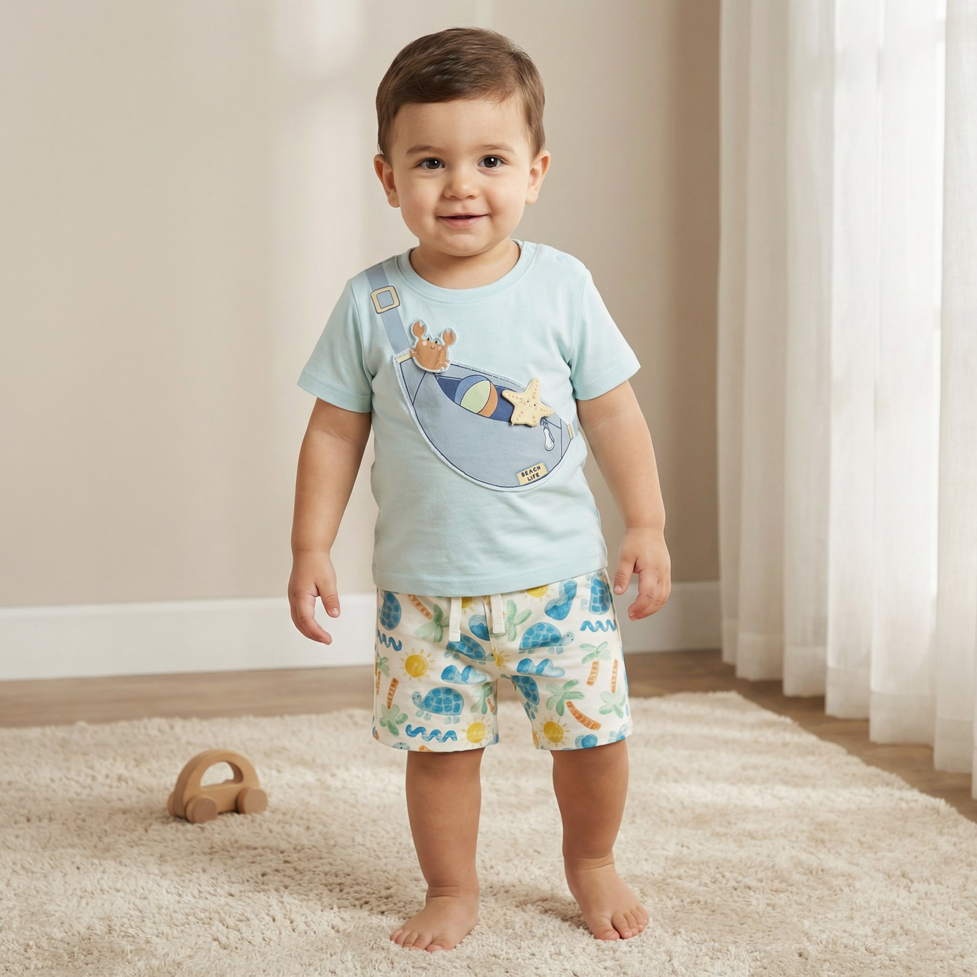 تيشيرتات بياقة ضيقة وأكمام قصيرة وطبعات مع شورت من جونيورز - طقم 3 قطع-baby-boys-clothing-setsandcoords-image-1