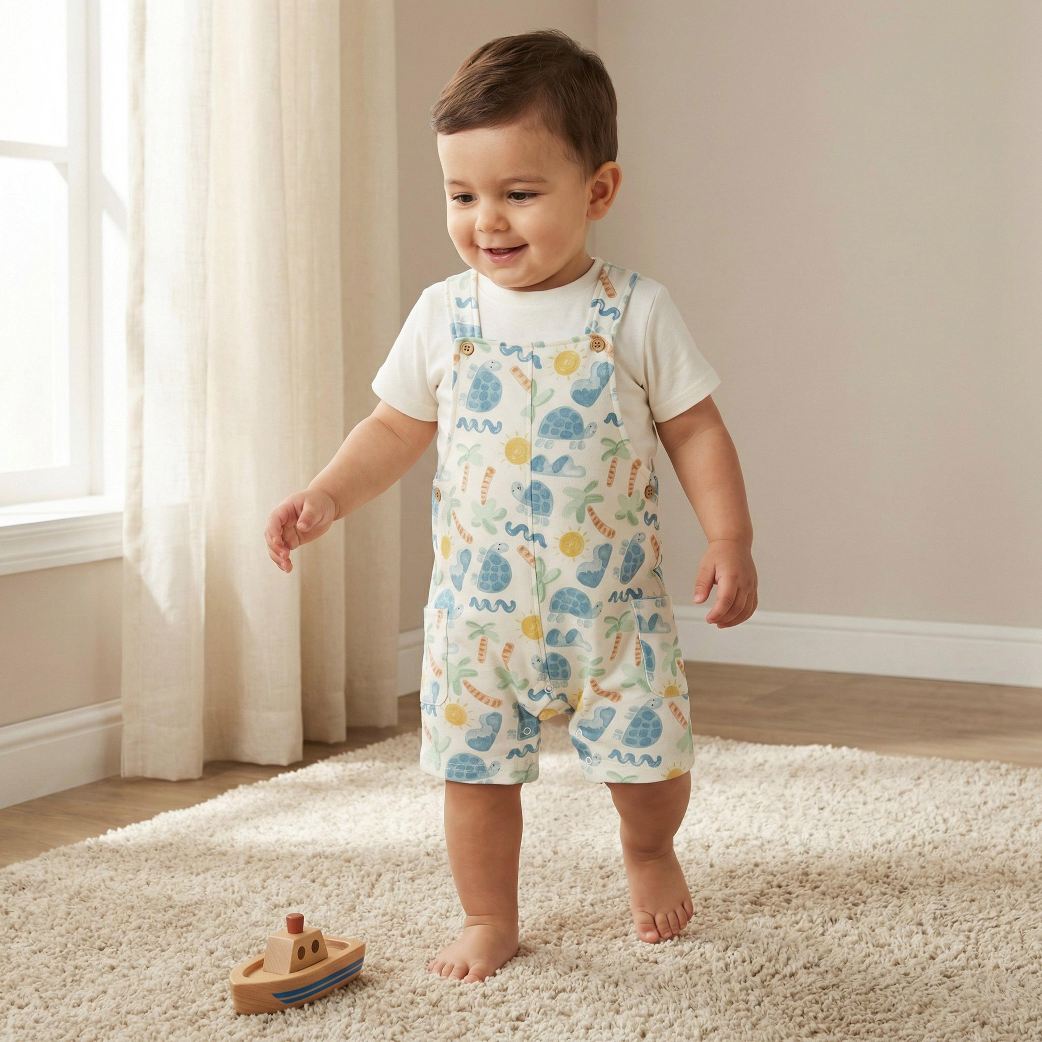 Juniors Crew Neck Short Sleeves T-shirt and Dungaree Set with Turtle Print-baby-boys-clothing-setsandcoords-image-2