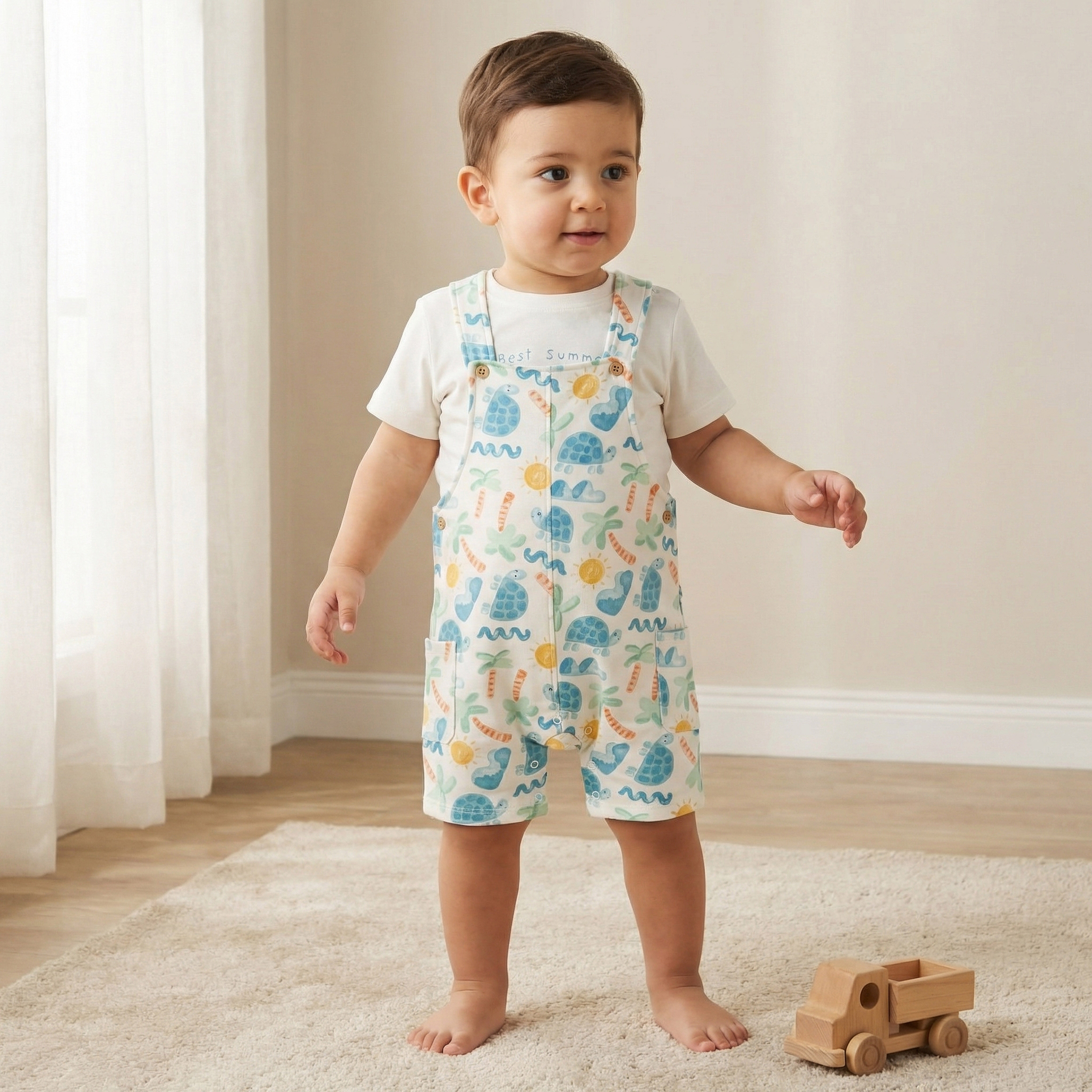 Juniors Crew Neck Short Sleeves T-shirt and Dungaree Set with Turtle Print-baby-boys-clothing-setsandcoords-image-1