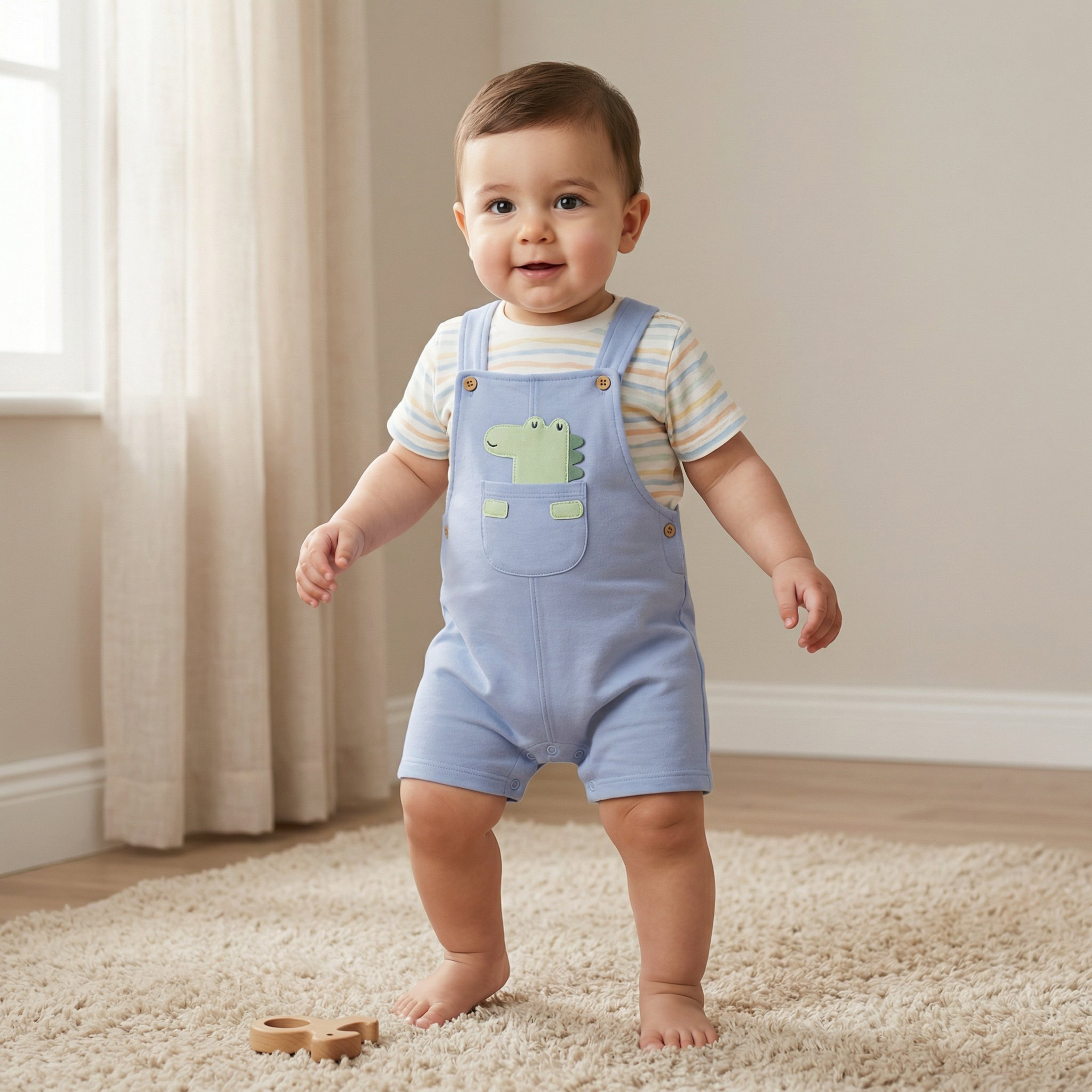 طقم دنغري وتيشيرت برقبة ضيقة وأكمام قصيرة وزخارف ديناصور من جونيورز-baby-boys-clothing-setsandcoords-image-1