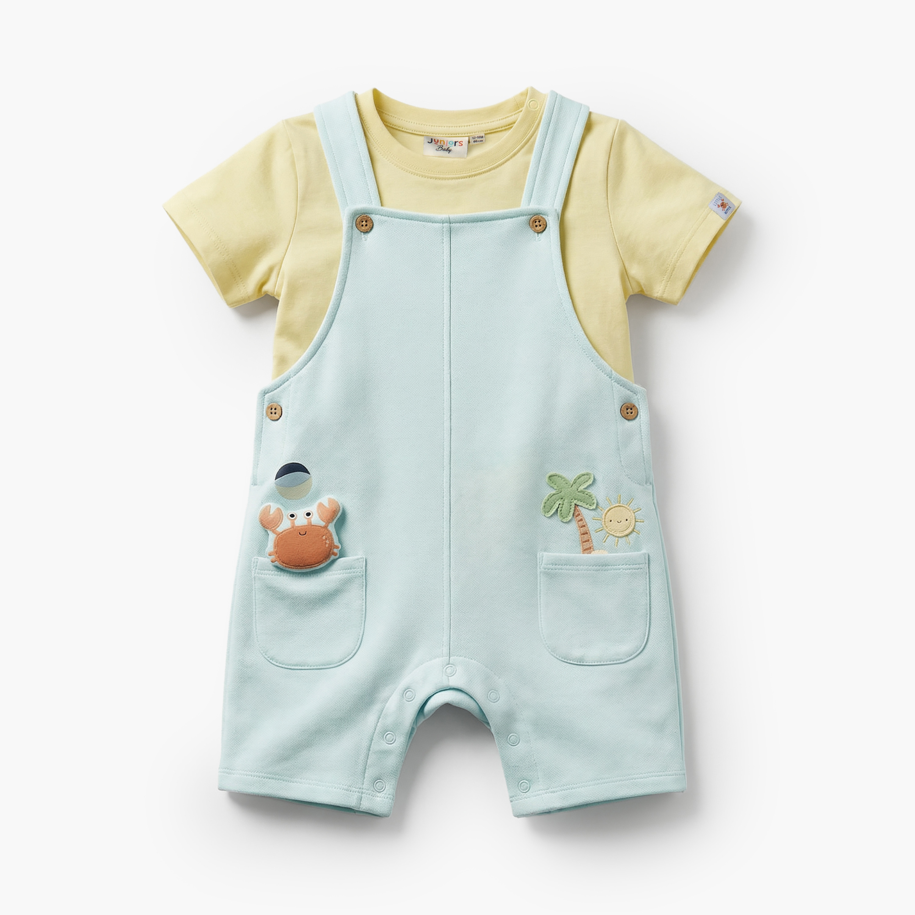 Juniors Crew Neck Short Sleeves T-shirt and Dungaree set with Beach Theme Applique-baby-boys-clothing-setsandcoords-image-1