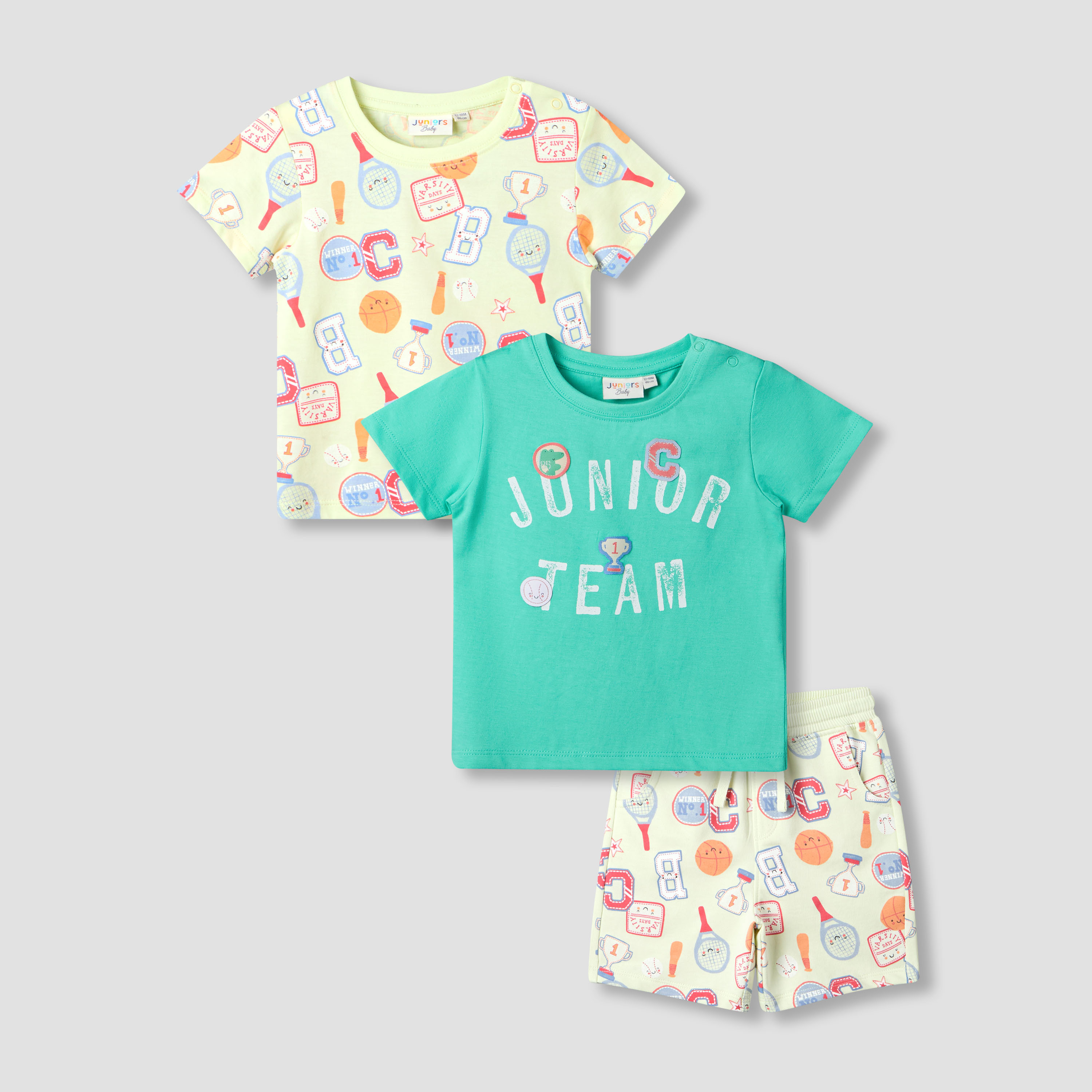 Set of 3 Juniors Round Neck Short Sleeve T-shirt and Shorts Set with Print-baby-boys-clothing-setsandcoords-image-1